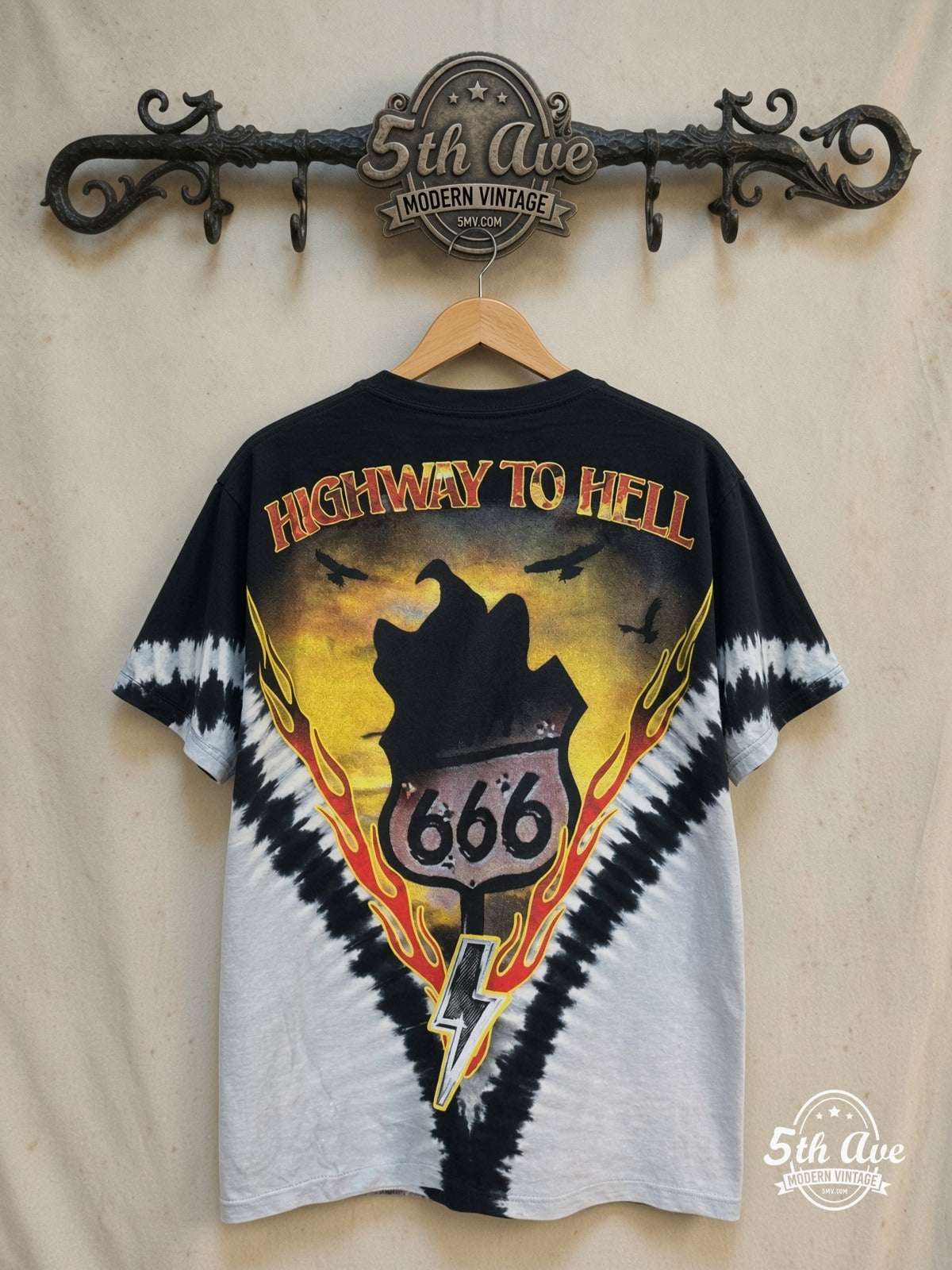 AC/DC – Highway to Hell Flame V Black Grey Tie-Dye – Vintage Band T-Shirt — back on locked cream ornate 5th Ave rack