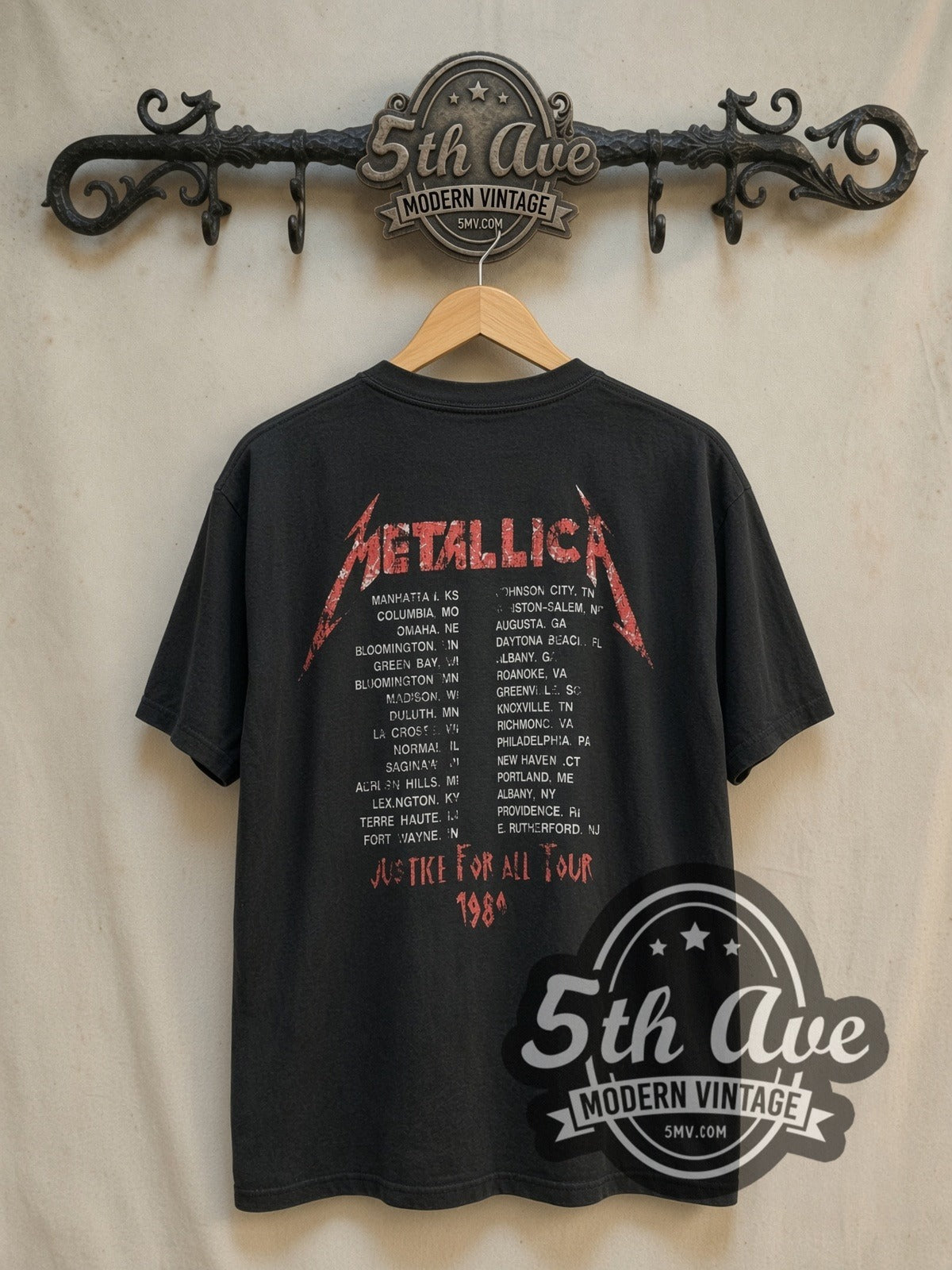 Metallica ...And Justice for All World Tour 1989 vintage band t-shirt, back view on a display rack