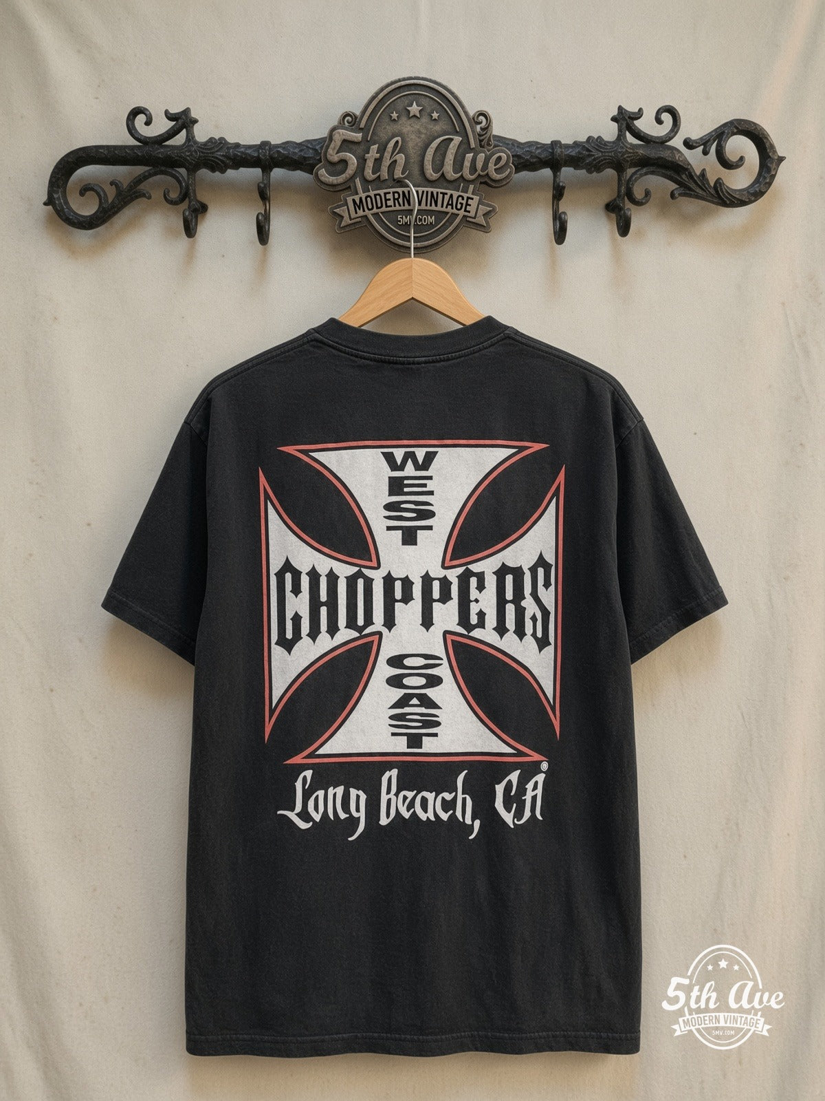 West Coast Choppers – Long Beach Red Cross – Vintage Graphic Tee — back on locked cream ornate 5th Ave rack