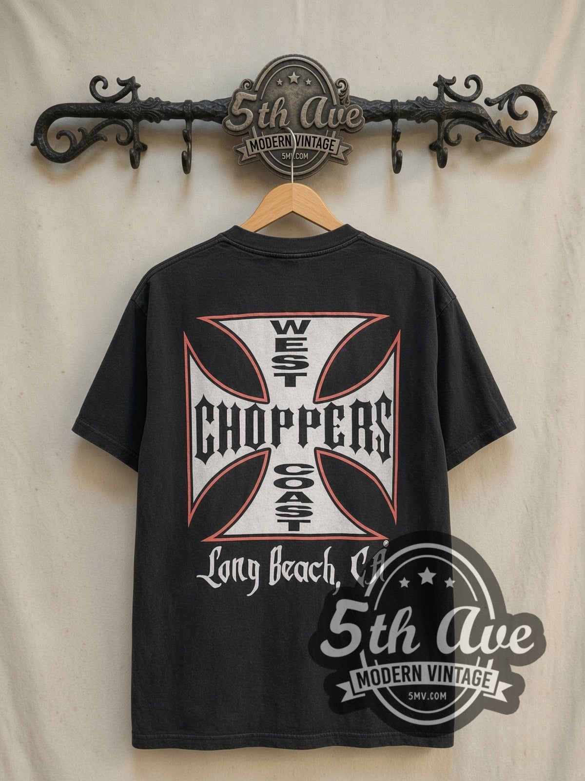 West Coast Choppers Long Beach Red Cross vintage biker tee in black, back view on the 5MV rack