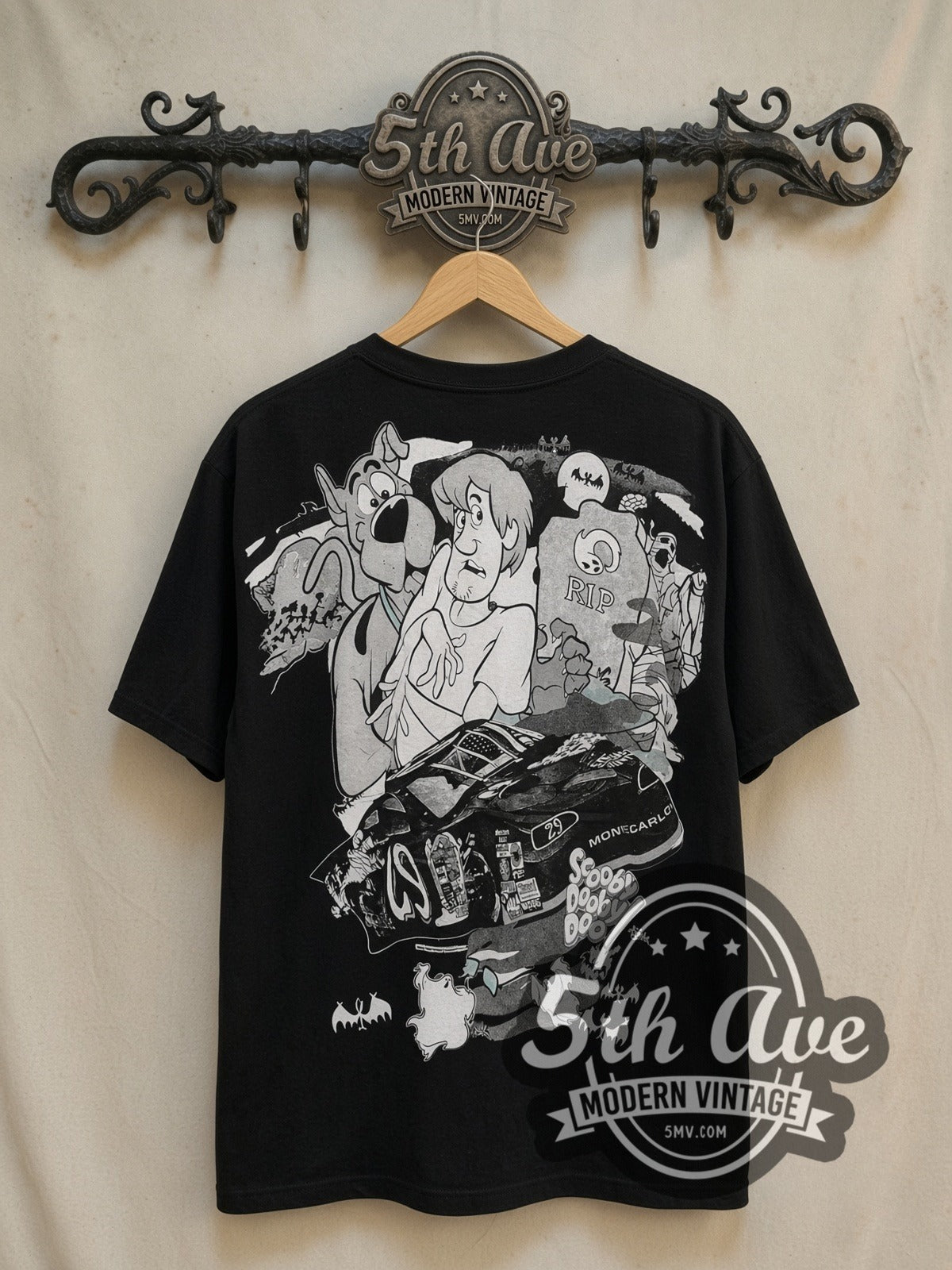Scooby-Doo NASCAR Monte Carlo Mysteries vintage NASCAR tee, back view on a display rack