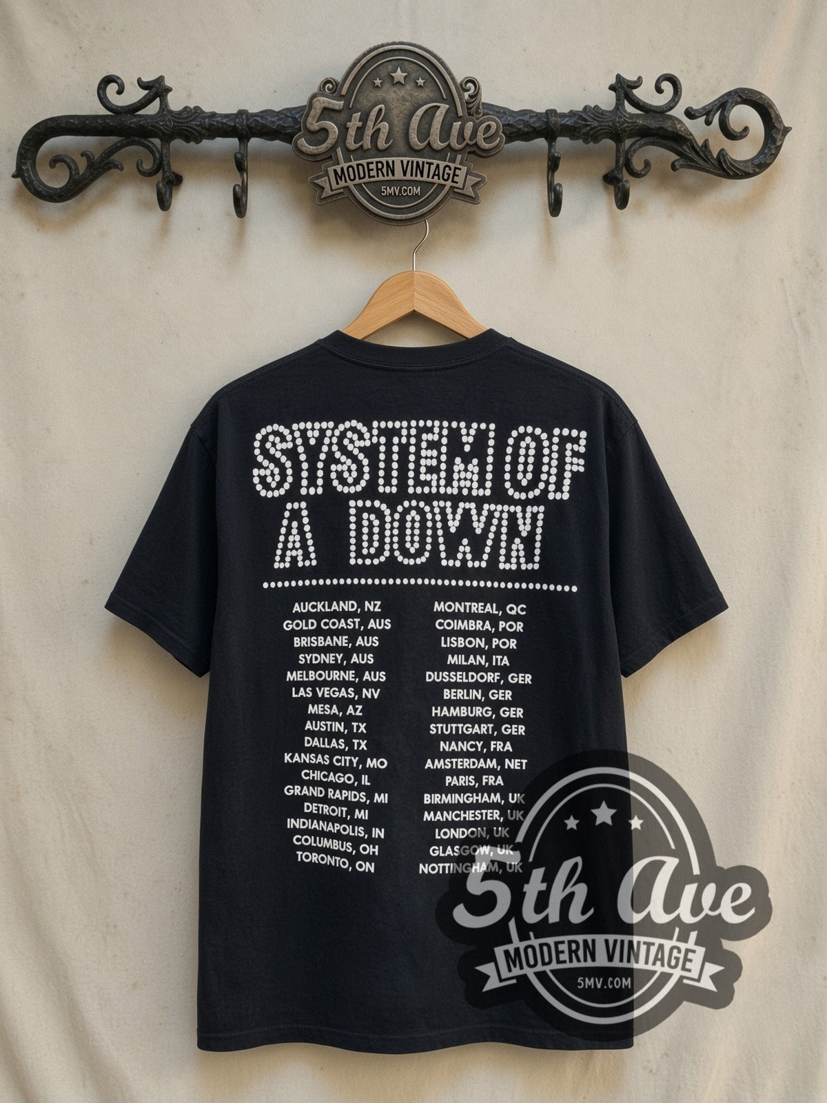 System of a Down Bush and Saddam Party vintage band t-shirt in black, back view on a display rack