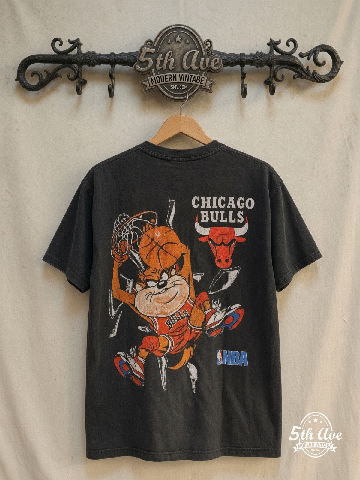 Looney Tunes – Taz-Mania x Chicago Bulls – New Vintage Graphic Tee — back on locked cream ornate 5th Ave rack