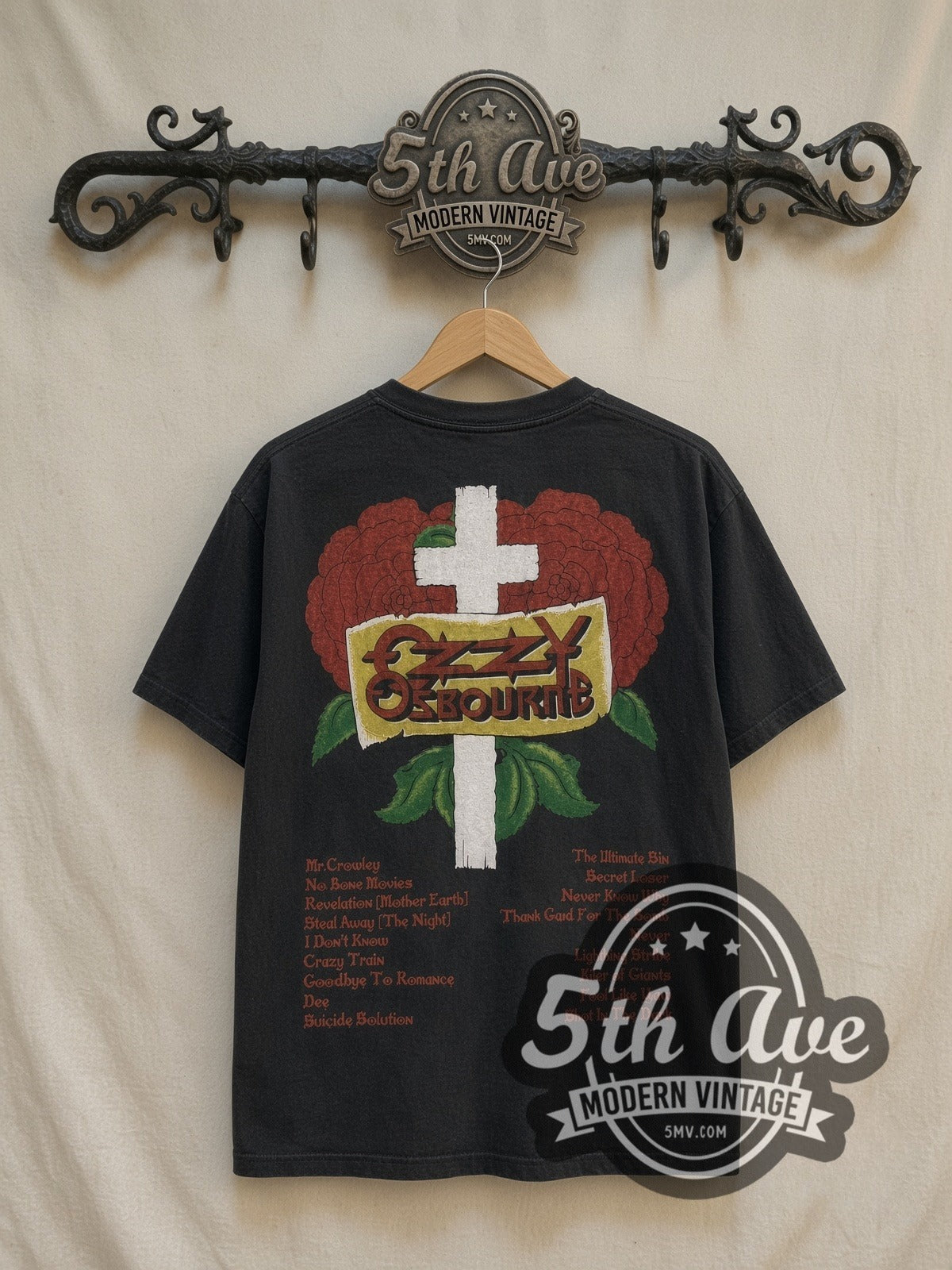 Ozzy Osbourne Flaming Faces vintage band t-shirt in black, back view on the 5MV rack