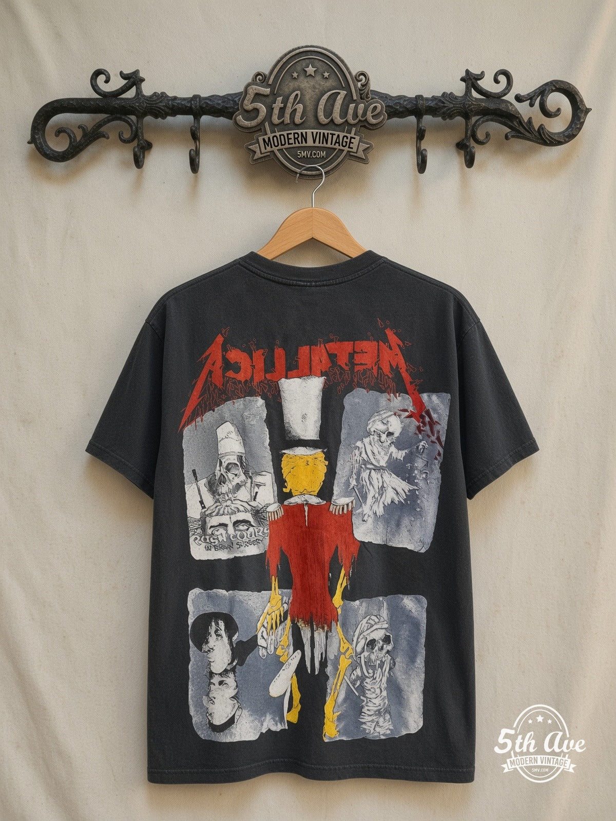 Metallica – Ringmaster 1992 – All Over Print – Vintage Band T-Shirt — back on locked cream ornate 5th Ave rack
