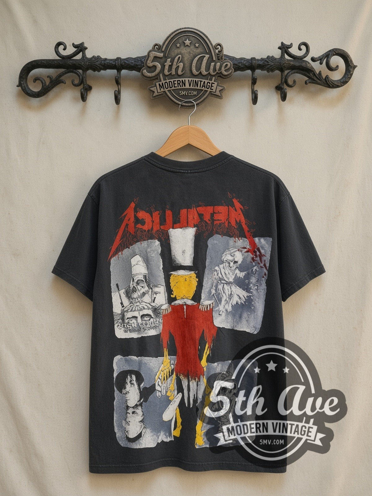 Metallica Ringmaster 1992 all-over-print vintage band t-shirt in black, back view on the 5MV rack