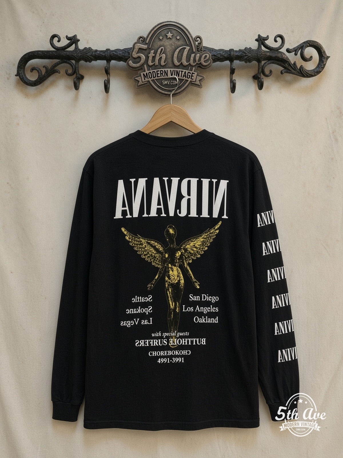 Nirvana and Butthole Surfers – Chokebore Concert – Vintage Band T-Shirt — back on locked cream ornate 5th Ave rack