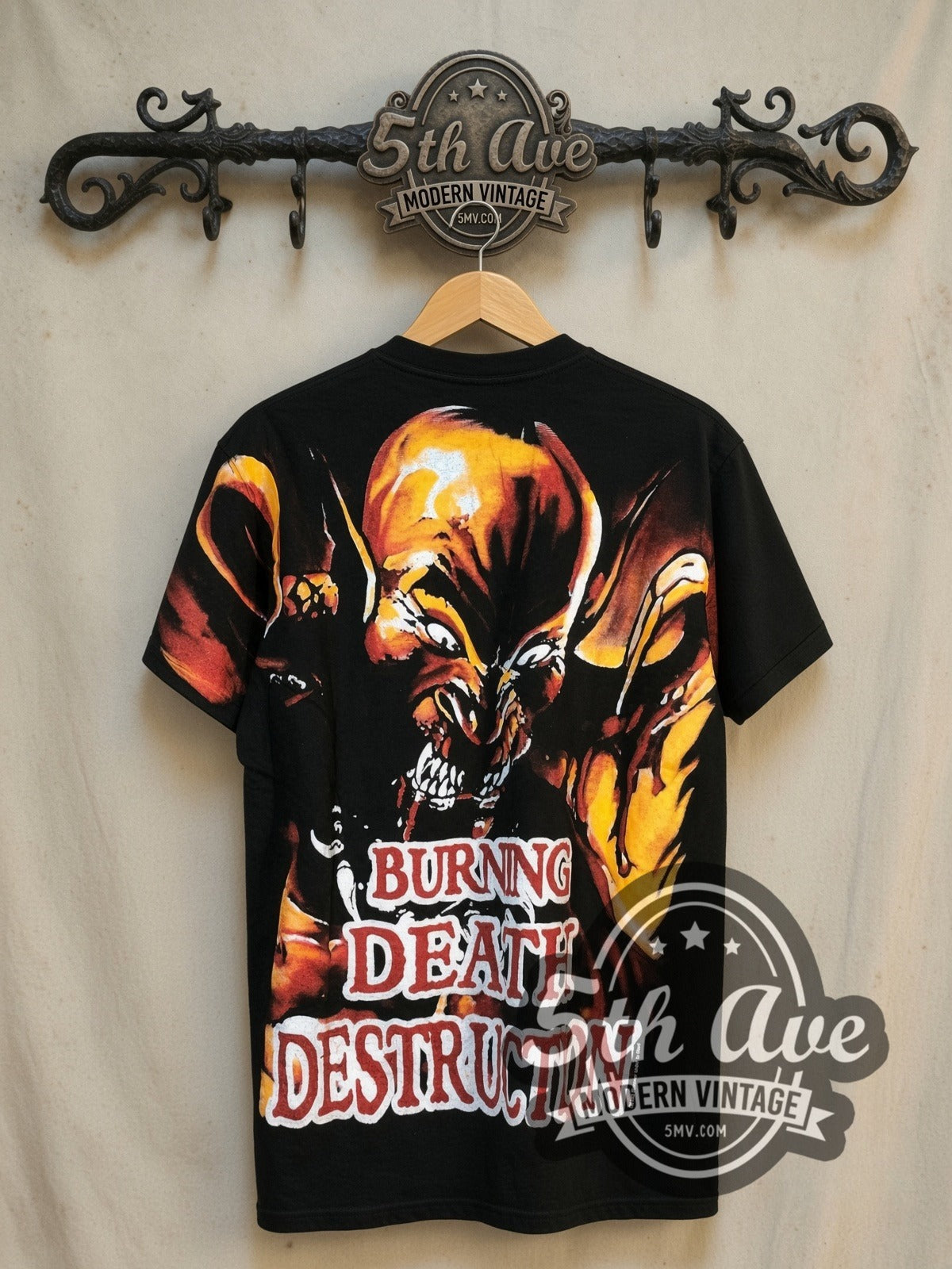 Manowar Hell on Stage all-over-print vintage band t-shirt, back view on a display rack