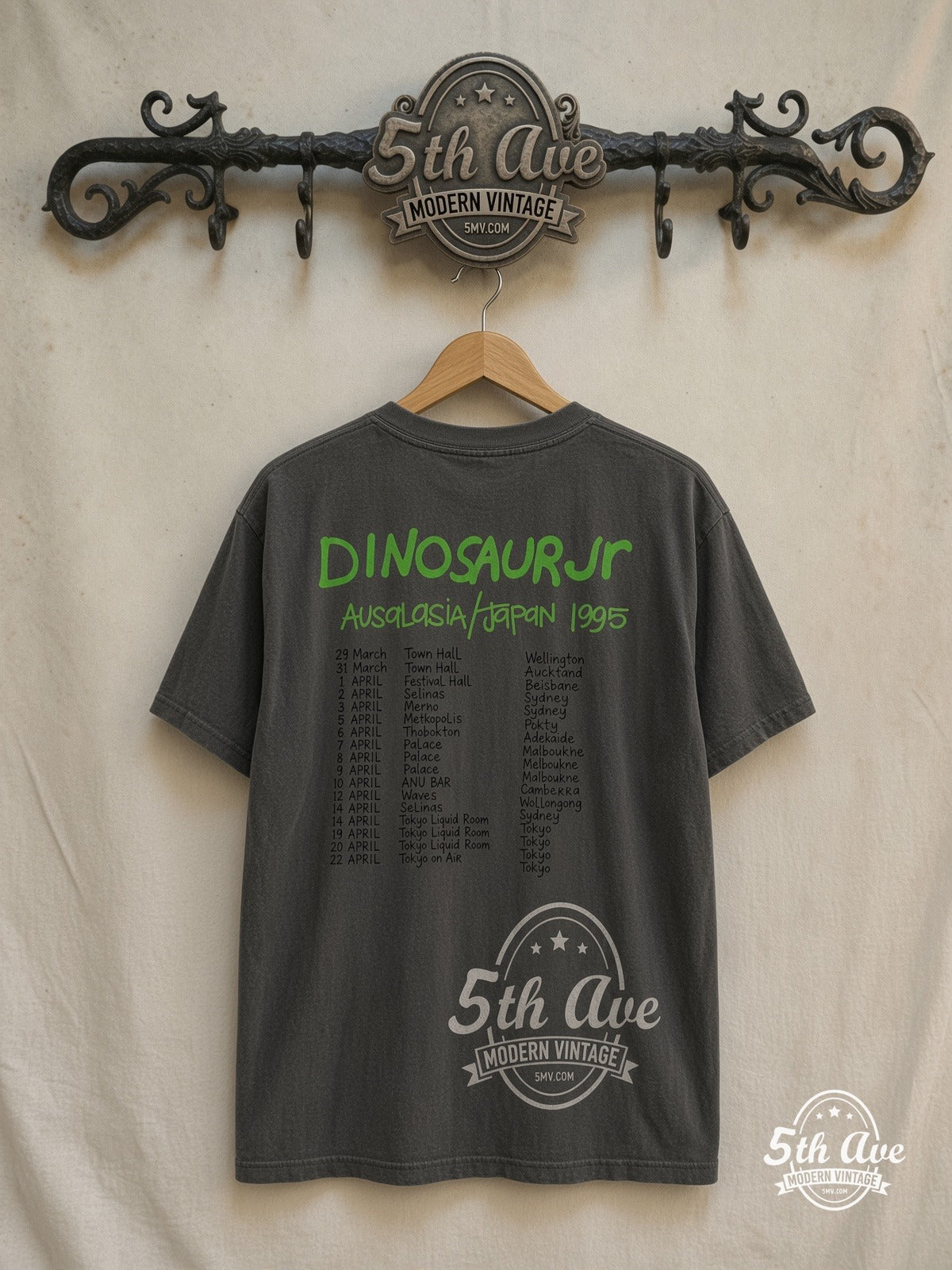 Dinosaur Jr – Australasia / Japan 1995 – Vintage Band T-Shirt — back on locked cream ornate 5th Ave rack