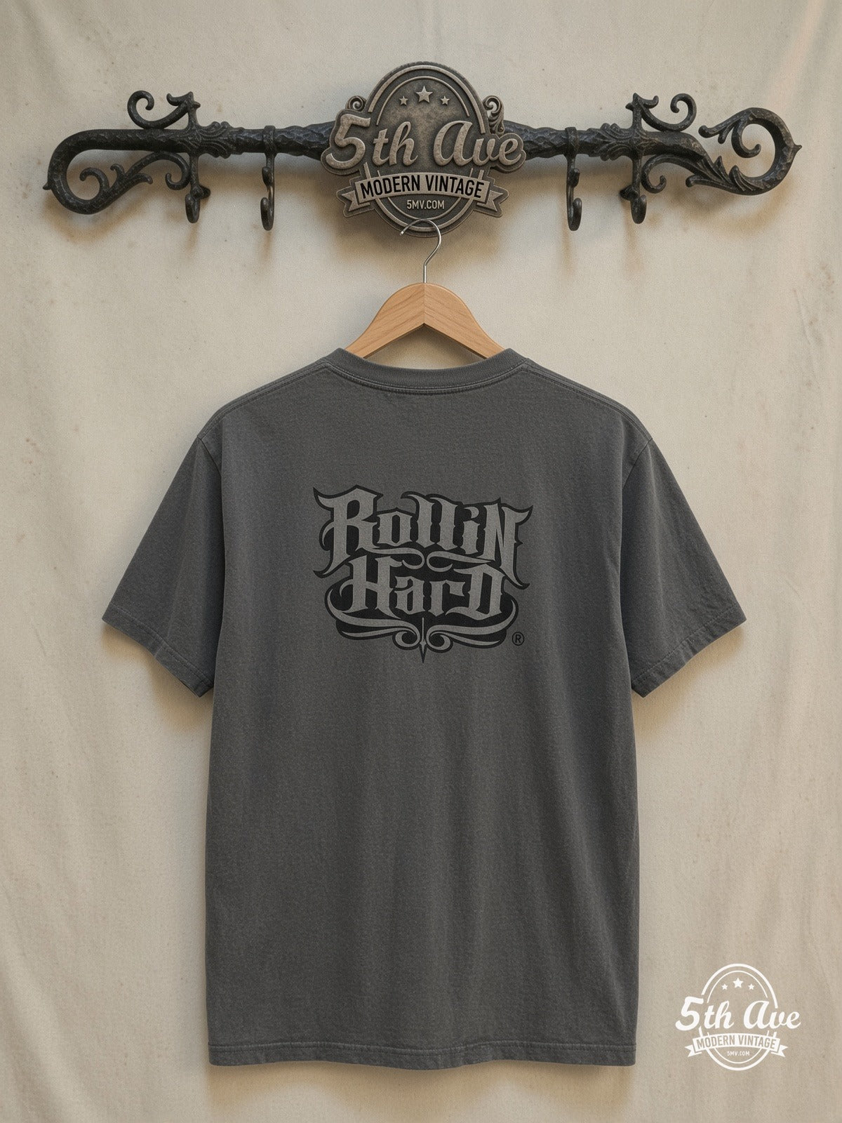 Crazy - Rollin hard lowrider low rider car culture t shirt – Vintage Band T-Shirt — back on locked cream ornate 5th Ave rack