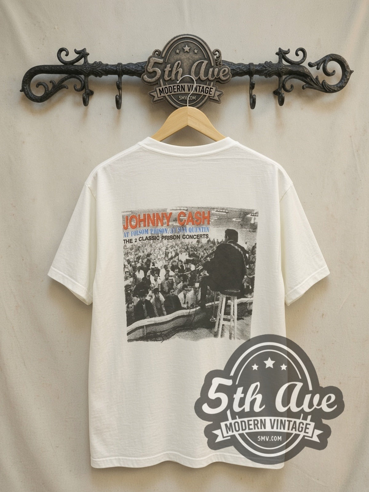 Johnny Cash Newport Folk Festival 1964 vintage band t-shirt, back view on a display rack