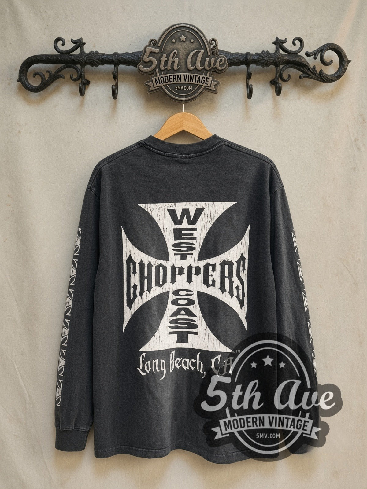 West Coast Choppers Long Beach Iron Cross Sleeve Logos vintage biker long sleeve t-shirt, back view on a display rack