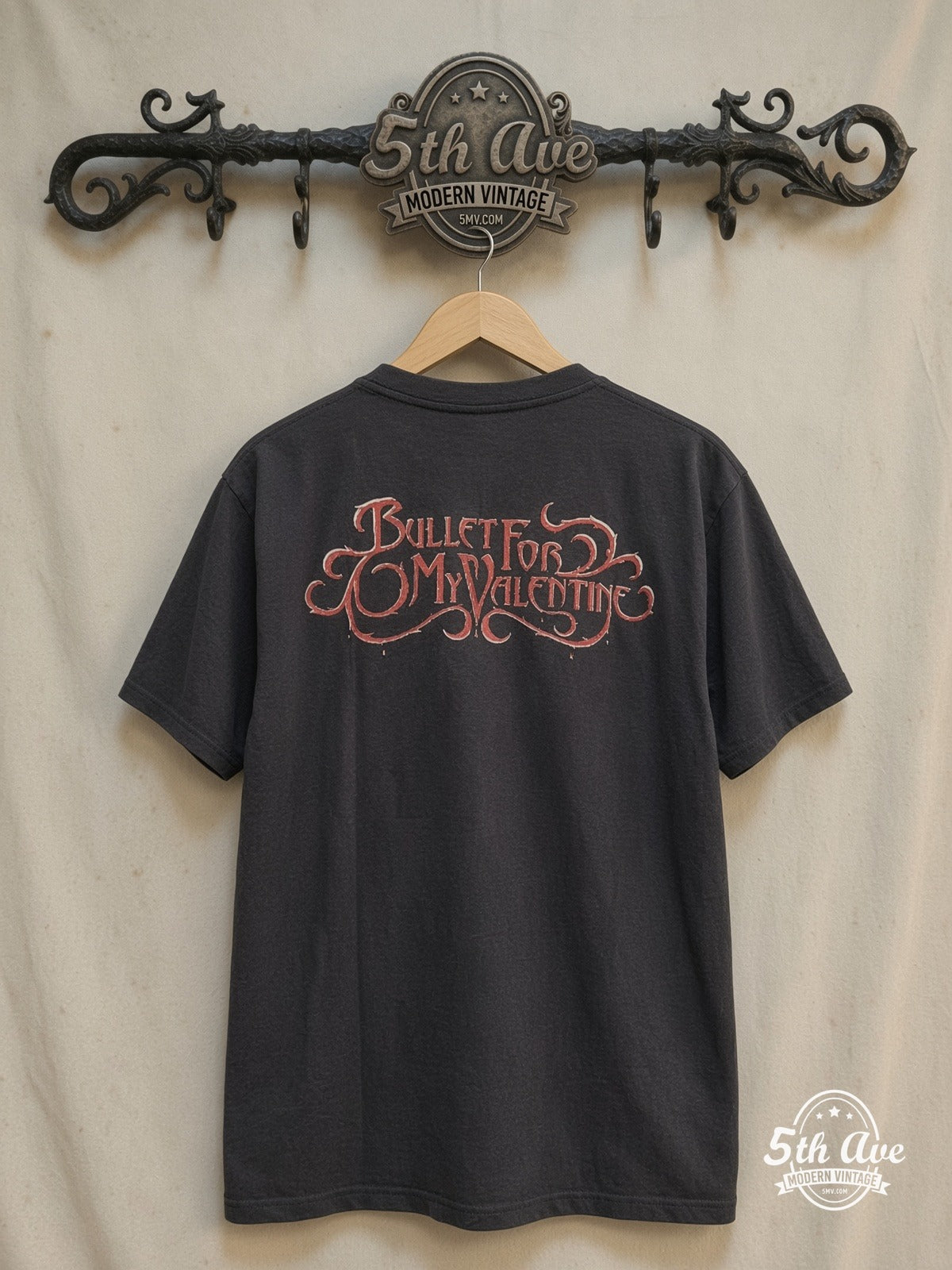 Bullet for My Valentine – Faded Elegance – Vintage Band T-Shirt — back on locked cream ornate 5th Ave rack