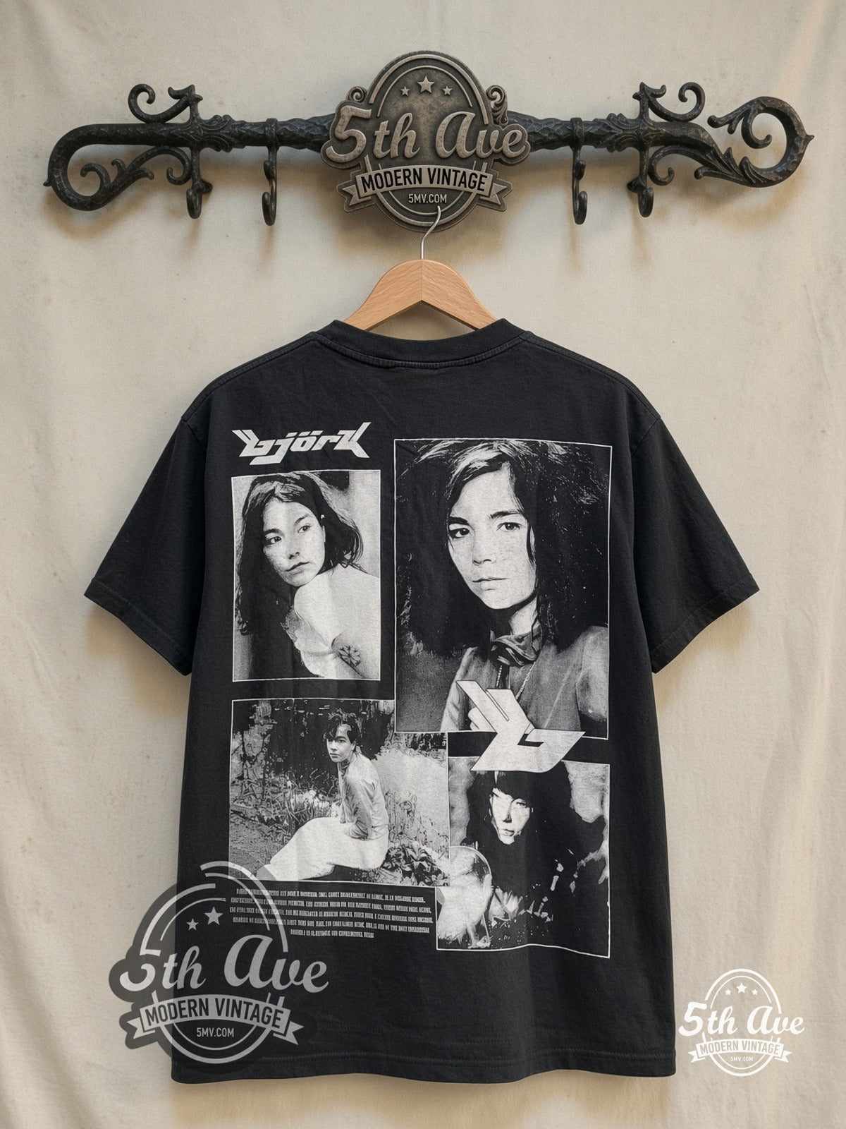 Björk – Photo Monochrome – Vintage Band T-Shirt — back on locked cream ornate 5th Ave rack