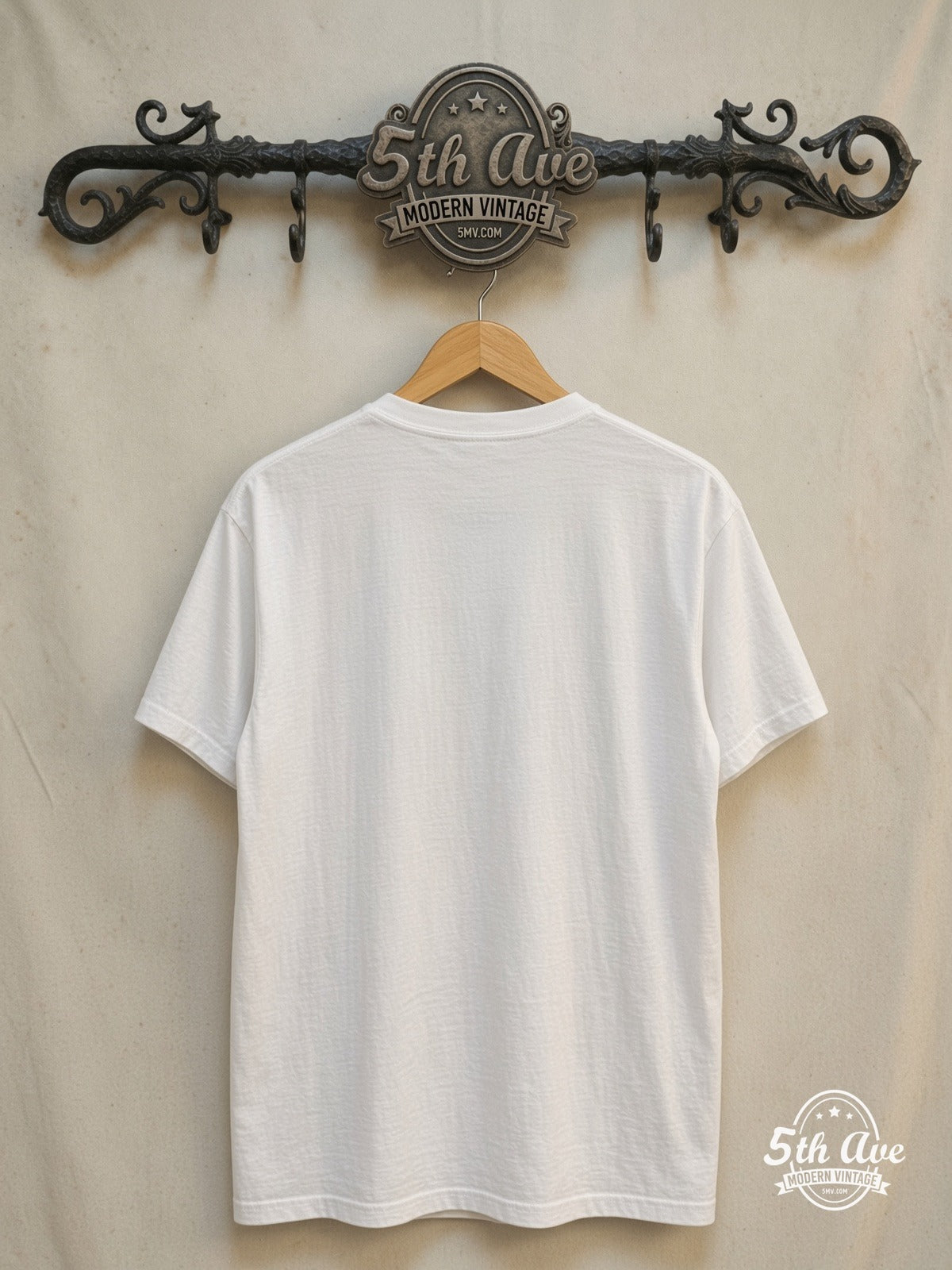 The Ramones – Hey! Ho! Let's Go Anthology – Vintage Band T-Shirt — back on locked cream ornate 5th Ave rack