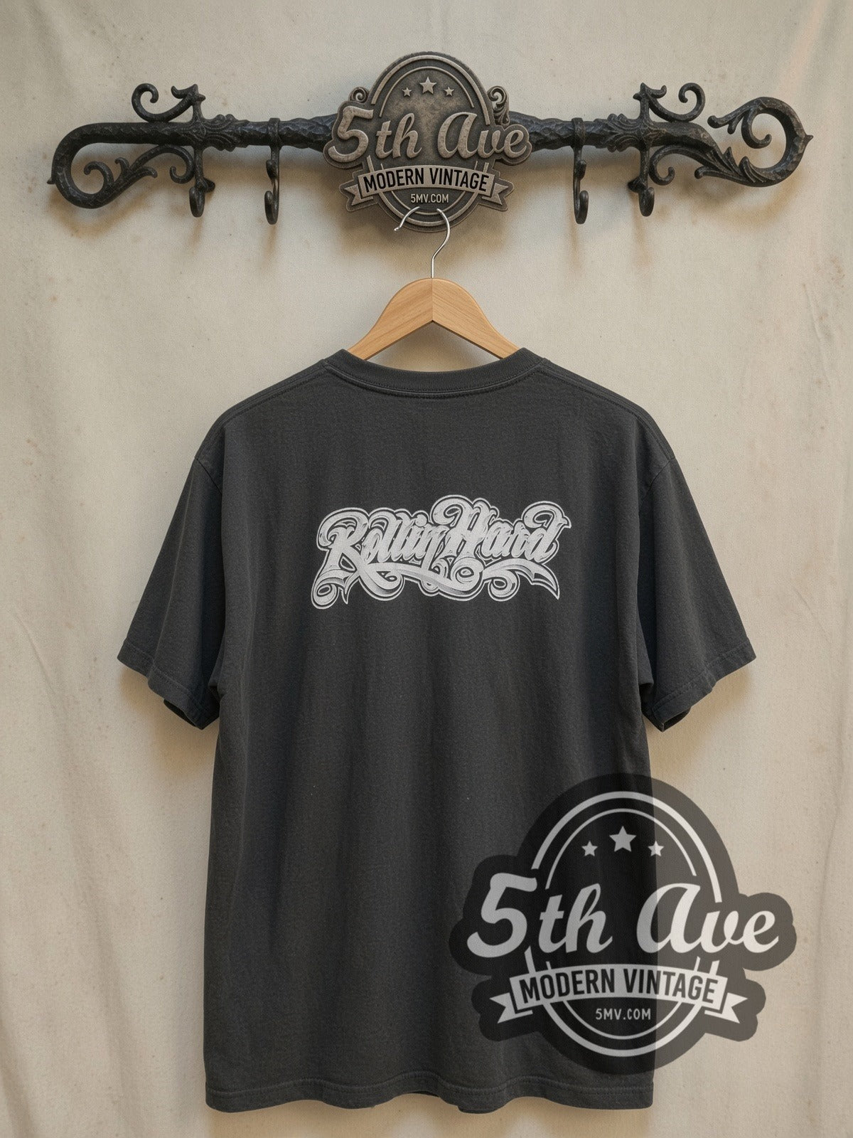 Rollin Hard Tonight's the Night Lowrider vintage graphic tee, back view on a display rack