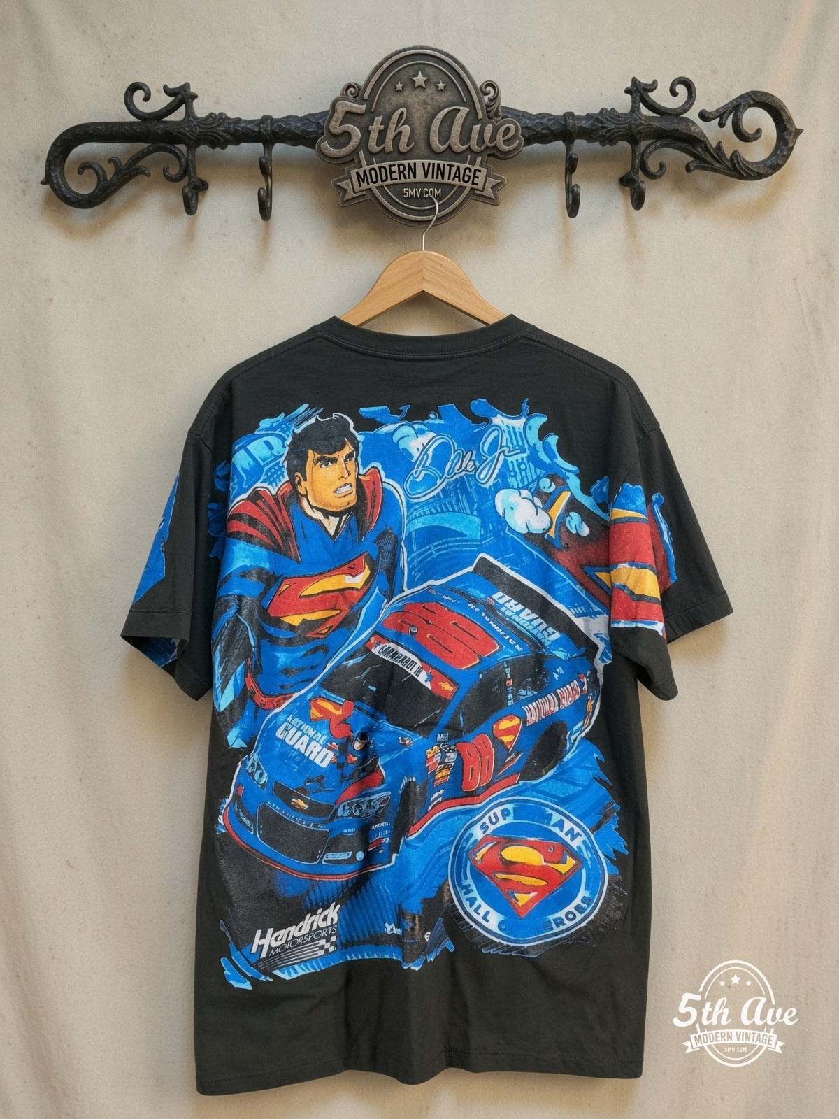 NASCAR – Superman & Dale Earnhardt Jr. No. 88 – All Over Print – Vintage Graphic Tee — back on locked cream ornate 5th Ave rack