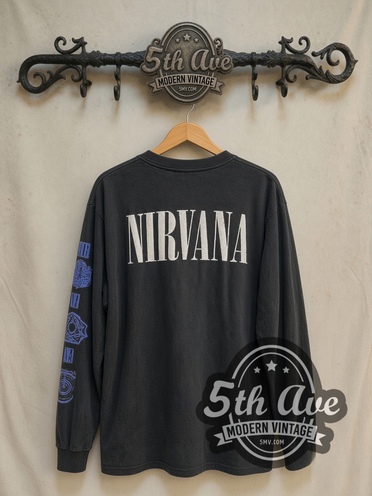 Nirvana Circles of Hell Long Sleeve Blue Prints vintage band t-shirt in black, back view on the 5MV rack
