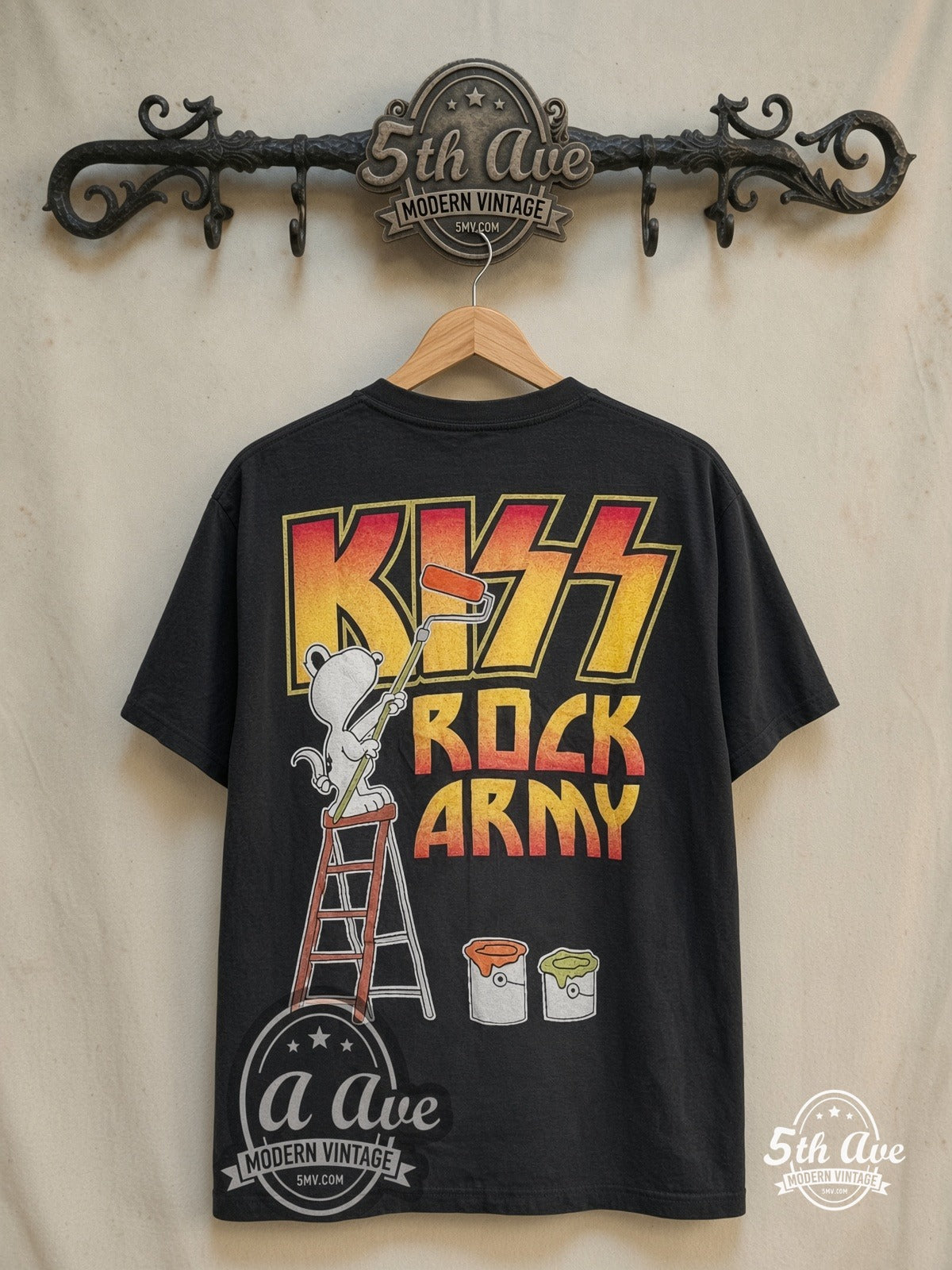 Peanuts – KISS x Peanuts Rock Army – New Vintage Graphic Tee — back on locked cream ornate 5th Ave rack