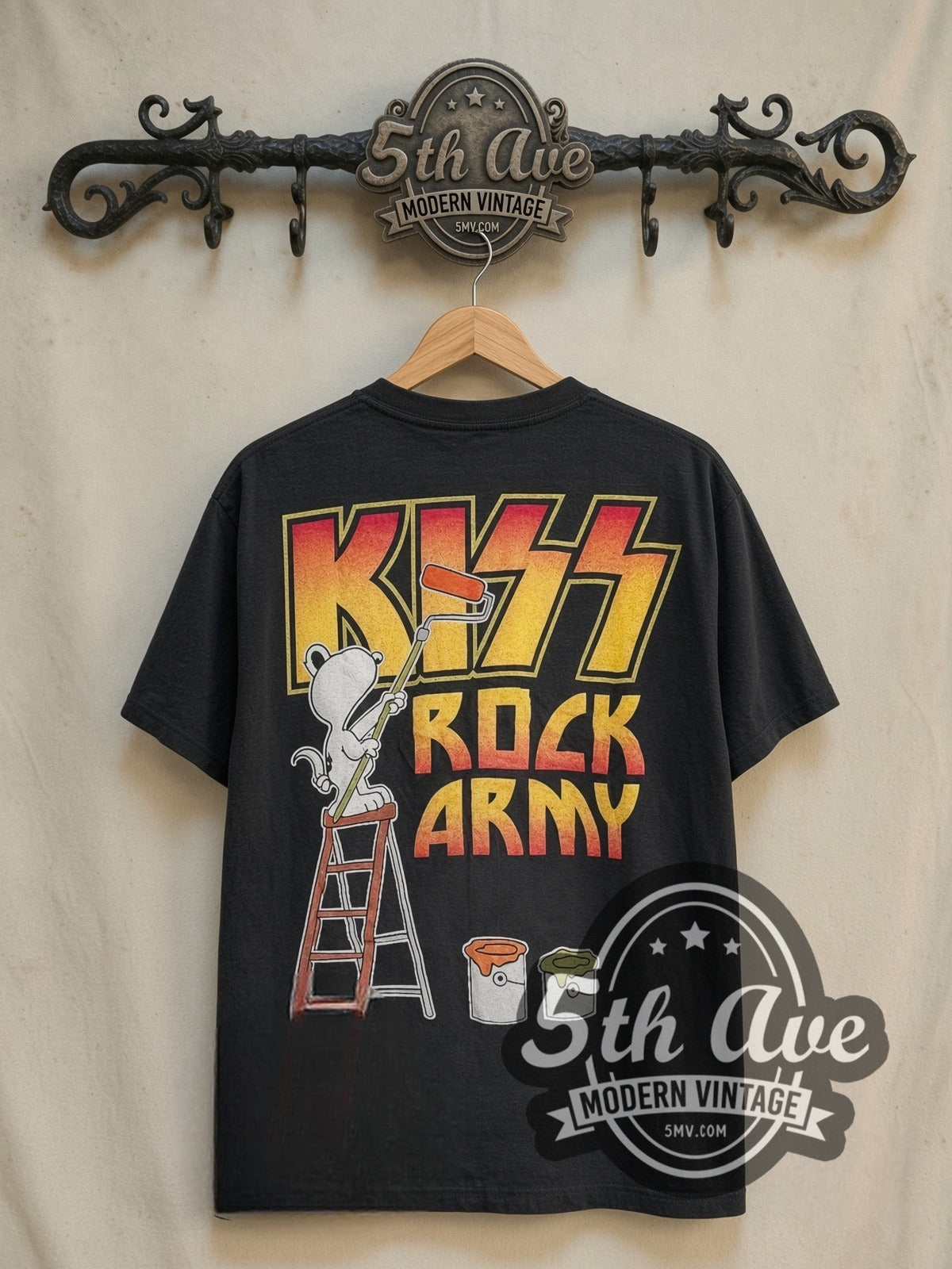 Peanuts KISS x Peanuts Rock Army vintage cartoon tee in black, back view on the 5MV rack