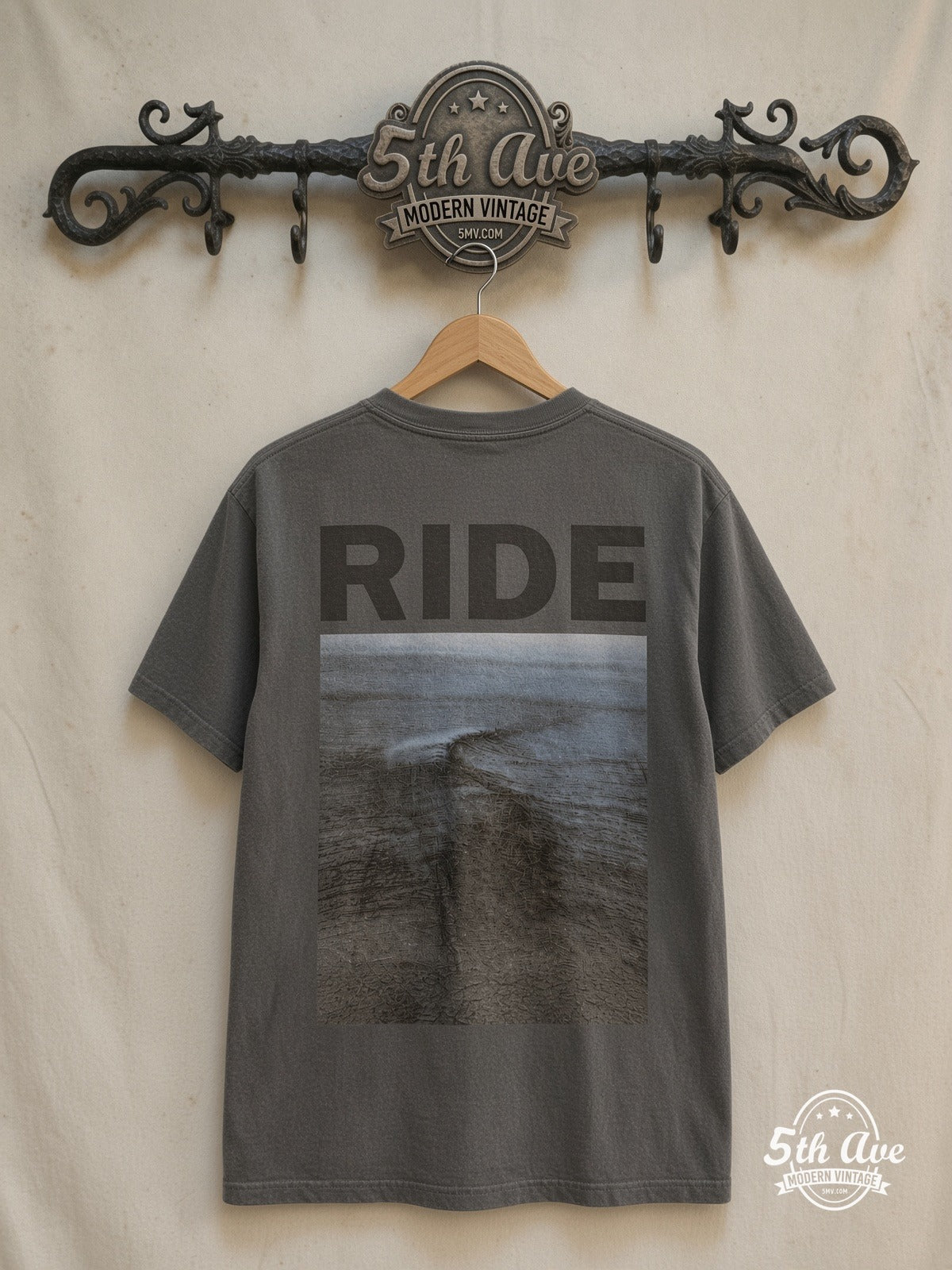 Ride – Nowhere Wave Cover White – Vintage Band T-Shirt — back on locked cream ornate 5th Ave rack