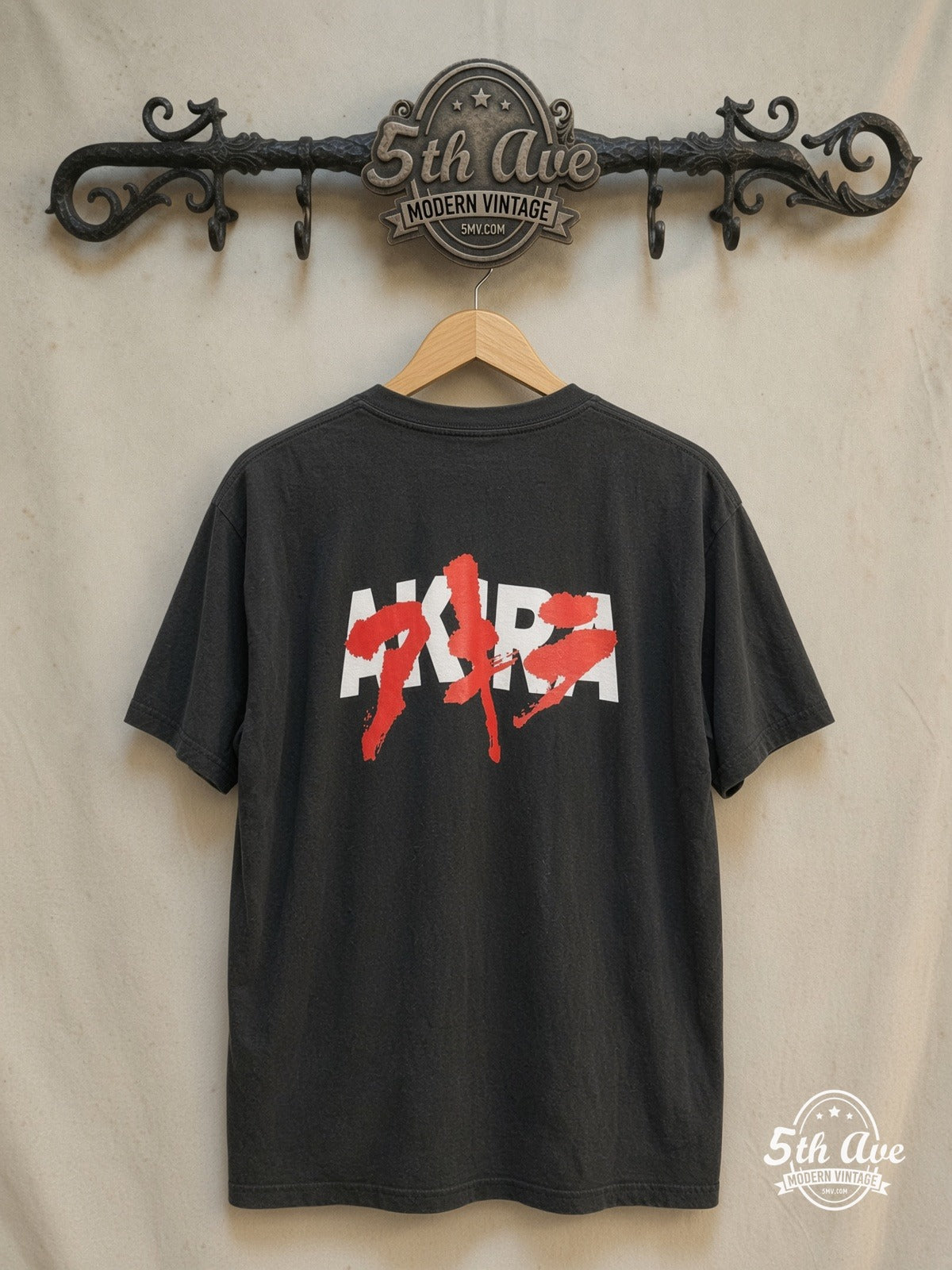 Iconic Resonance: The Akira t shirt with Akira on the Front and Back – New Vintage Anime Tee — back on locked cream ornate 5th Ave rack
