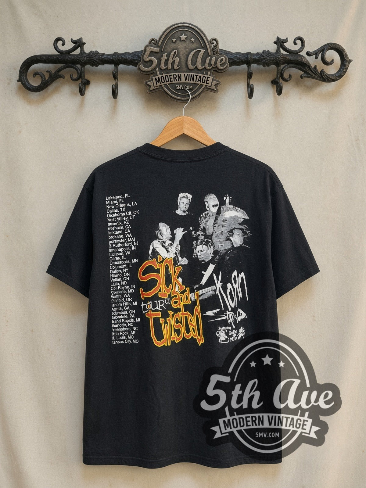 Korn Sick and Twisted Cartoon City List vintage band t-shirt in black, back view on the 5MV rack