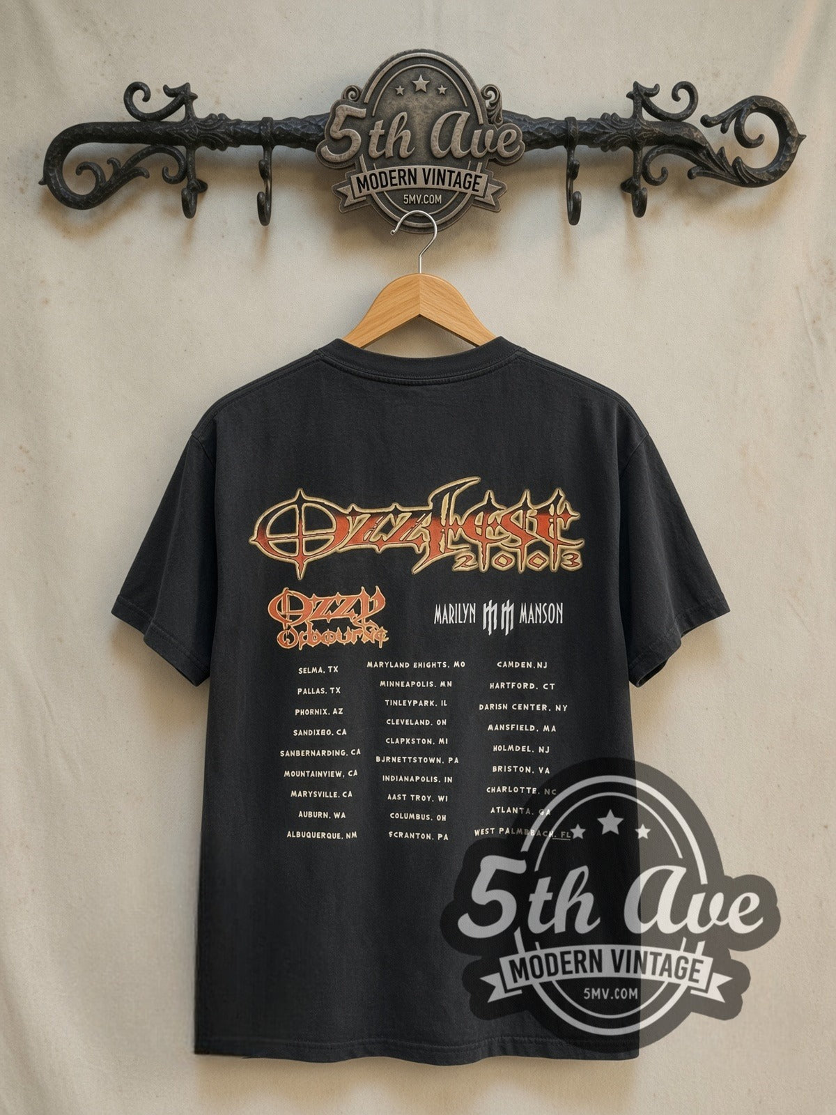 Ozzy Osbourne Ozzfest 2003 with Marilyn Manson vintage band t-shirt in black, back view on a display rack