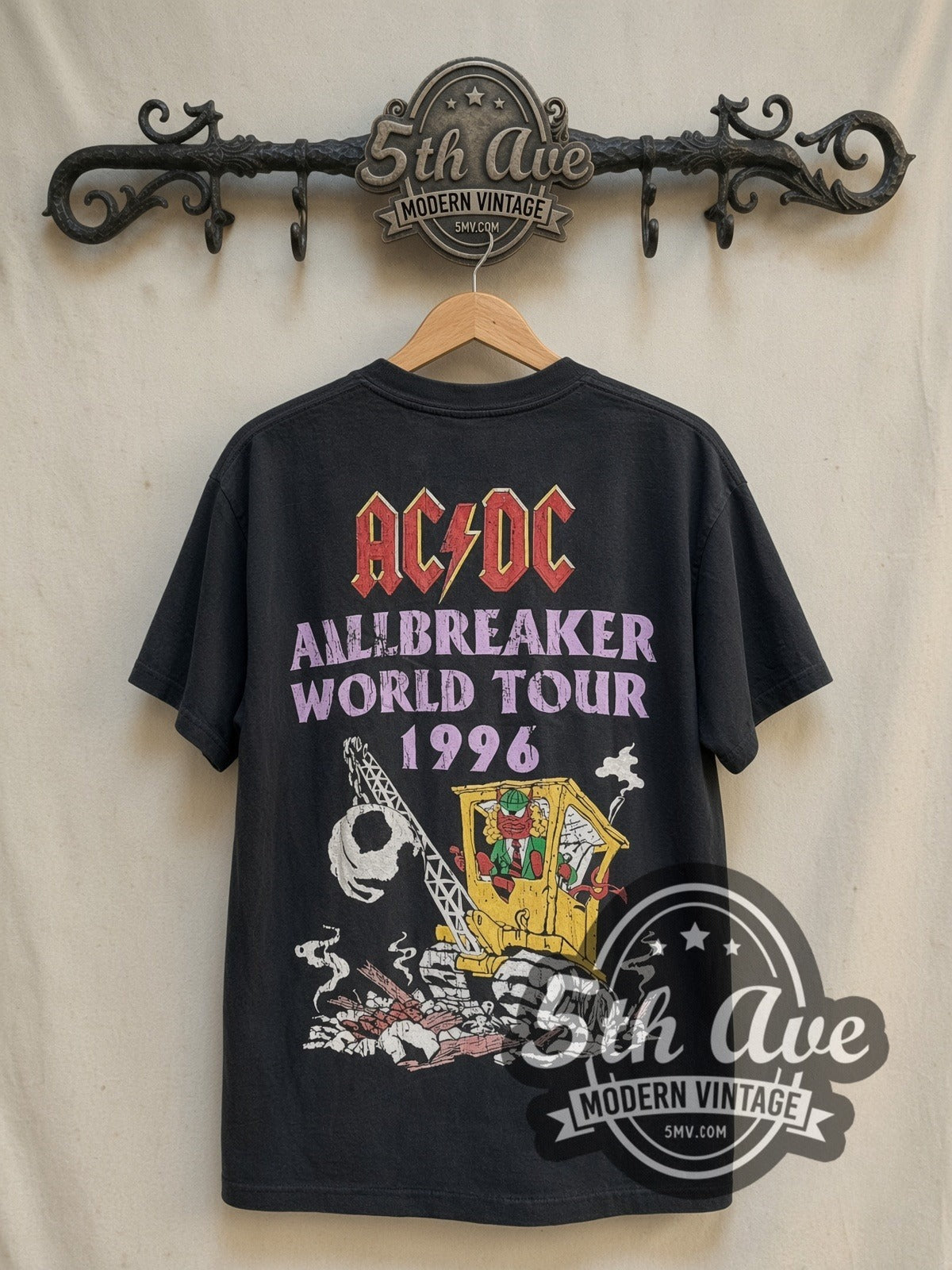 AC/DC Ballbreaker' World Tour 1996 vintage band t-shirt in black, back view on a display rack
