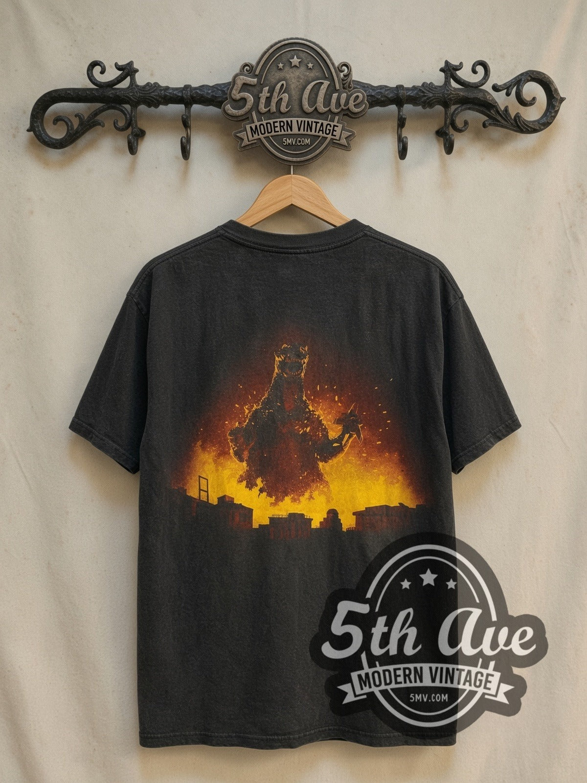 Godzilla King of the Monsters 1994 vintage graphic t-shirt, back view on a display rack