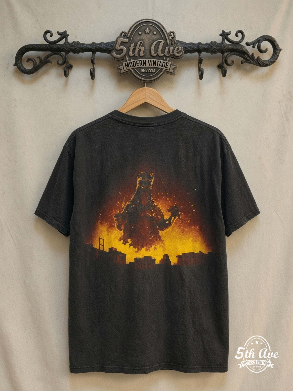 Godzilla King of the Monsters 1994 movie tee in black, back view on a display rack