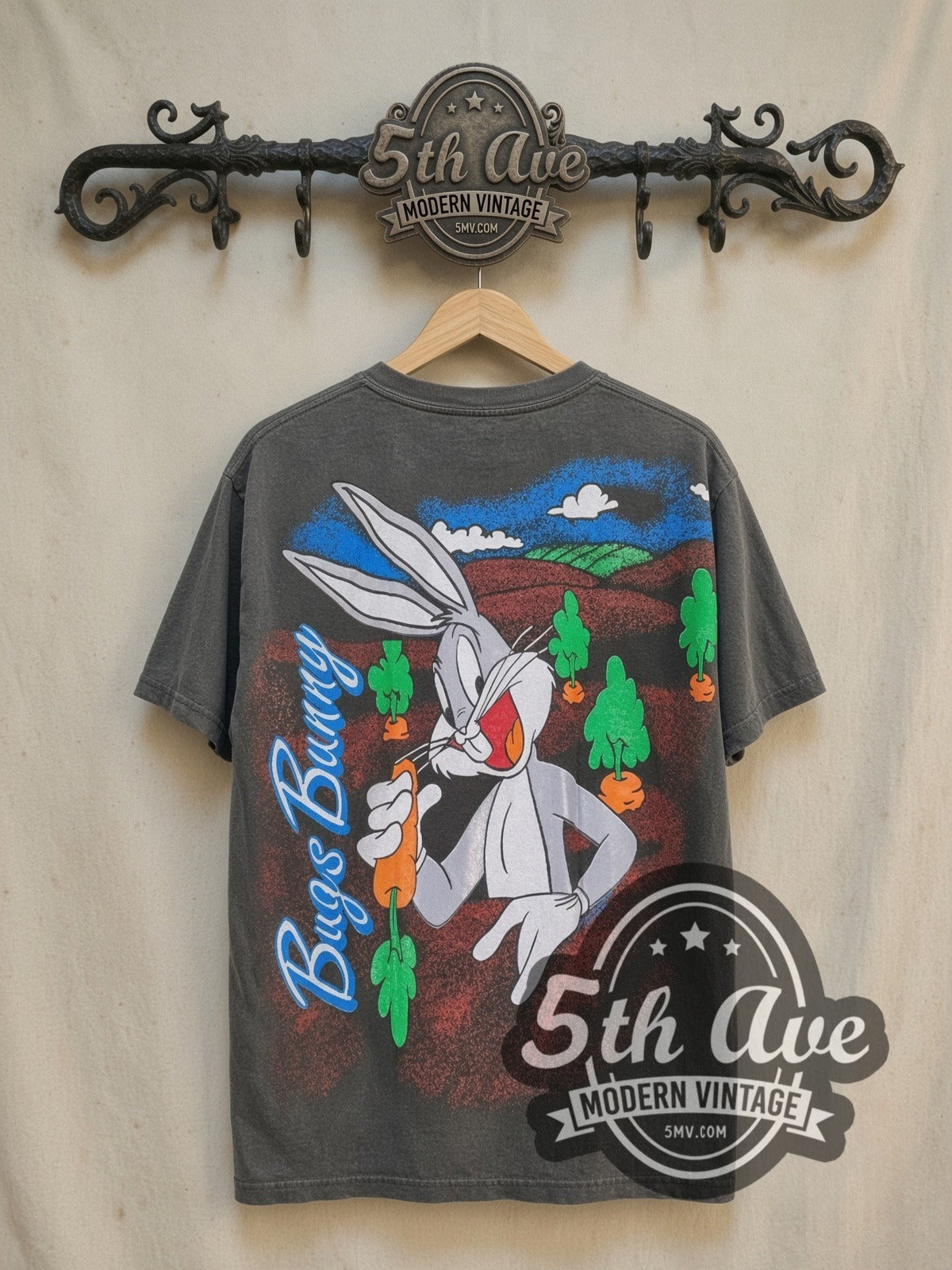 Bugs Bunny Hare Throne vintage cartoon tee, back view on a display rack