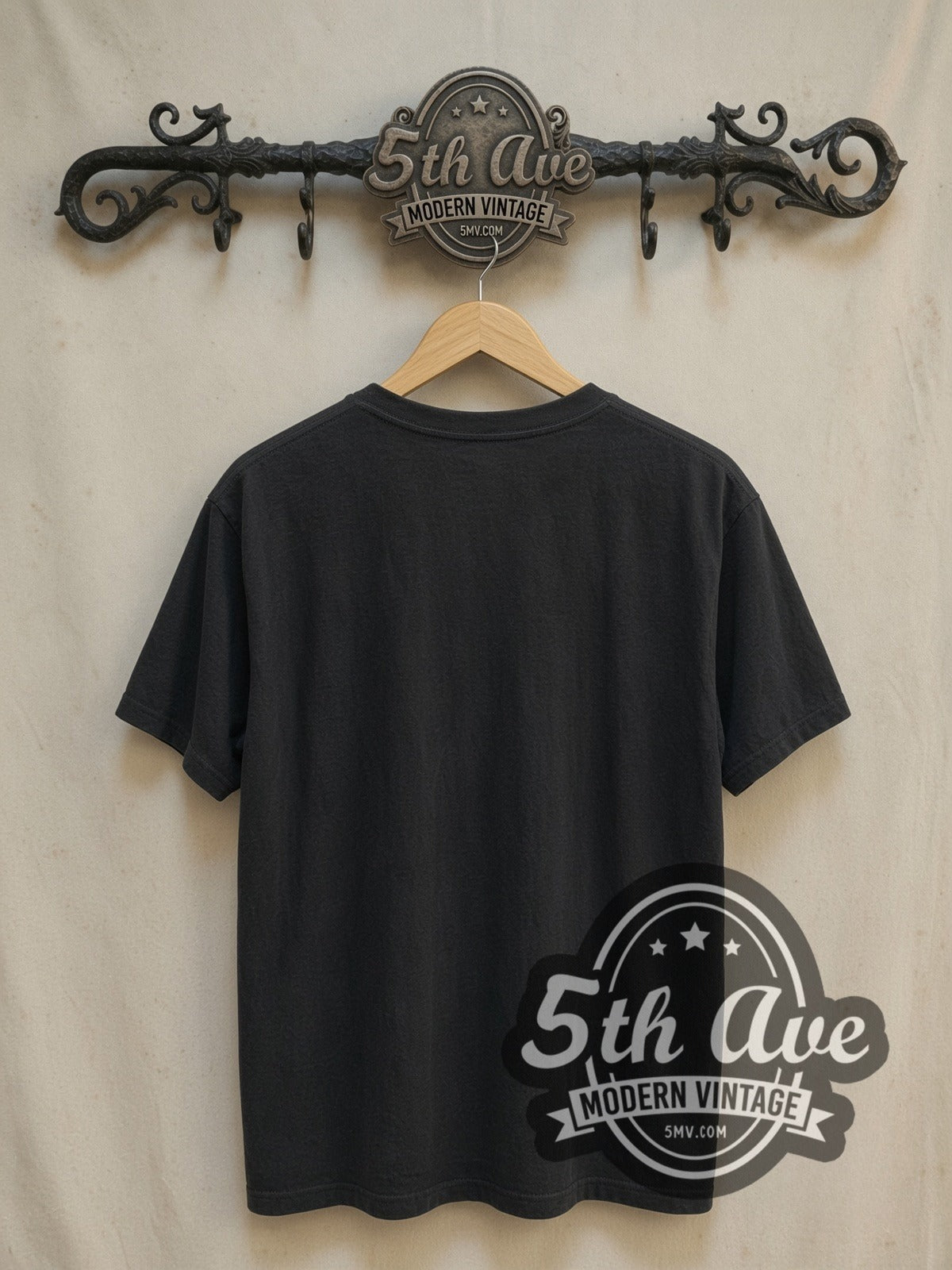 Neil Young and Crazy Horse Color Portrait vintage band t-shirt, back view on a display rack