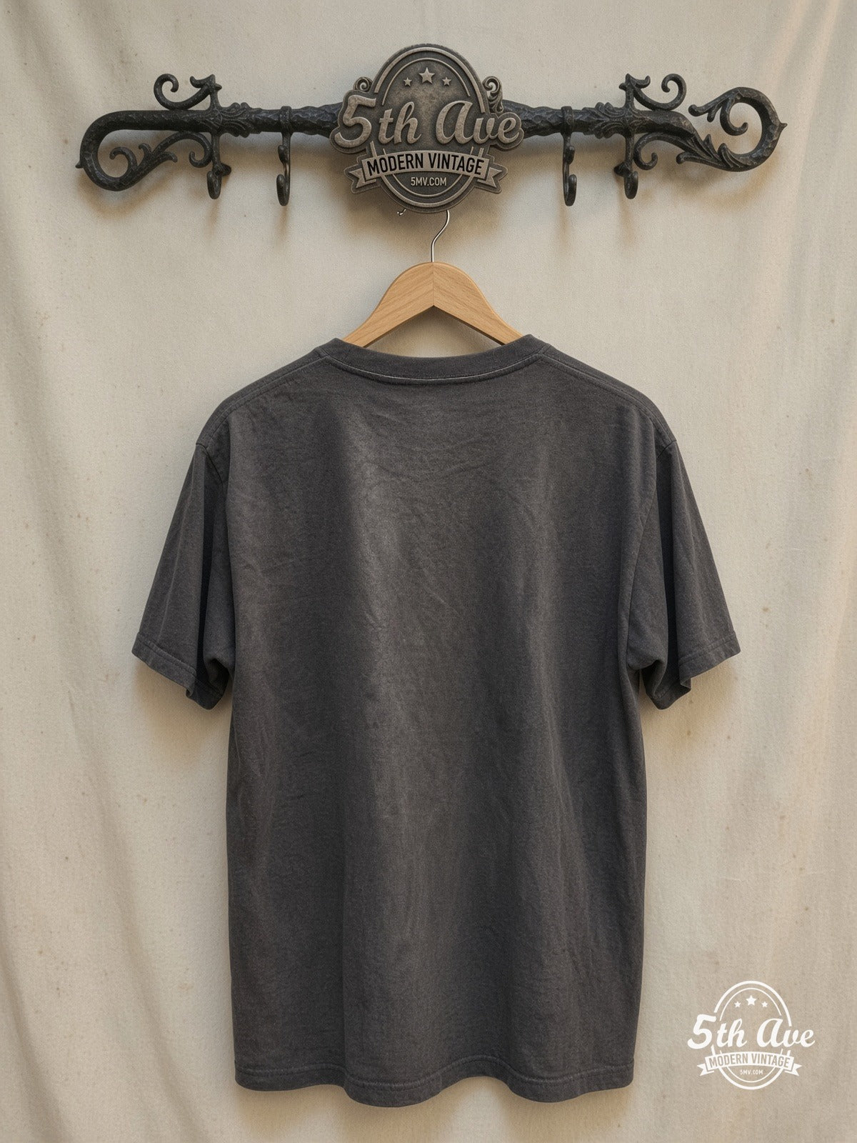 Stray Cats – Flaming Hot Rod – Vintage Band T-Shirt — back on locked cream ornate 5th Ave rack