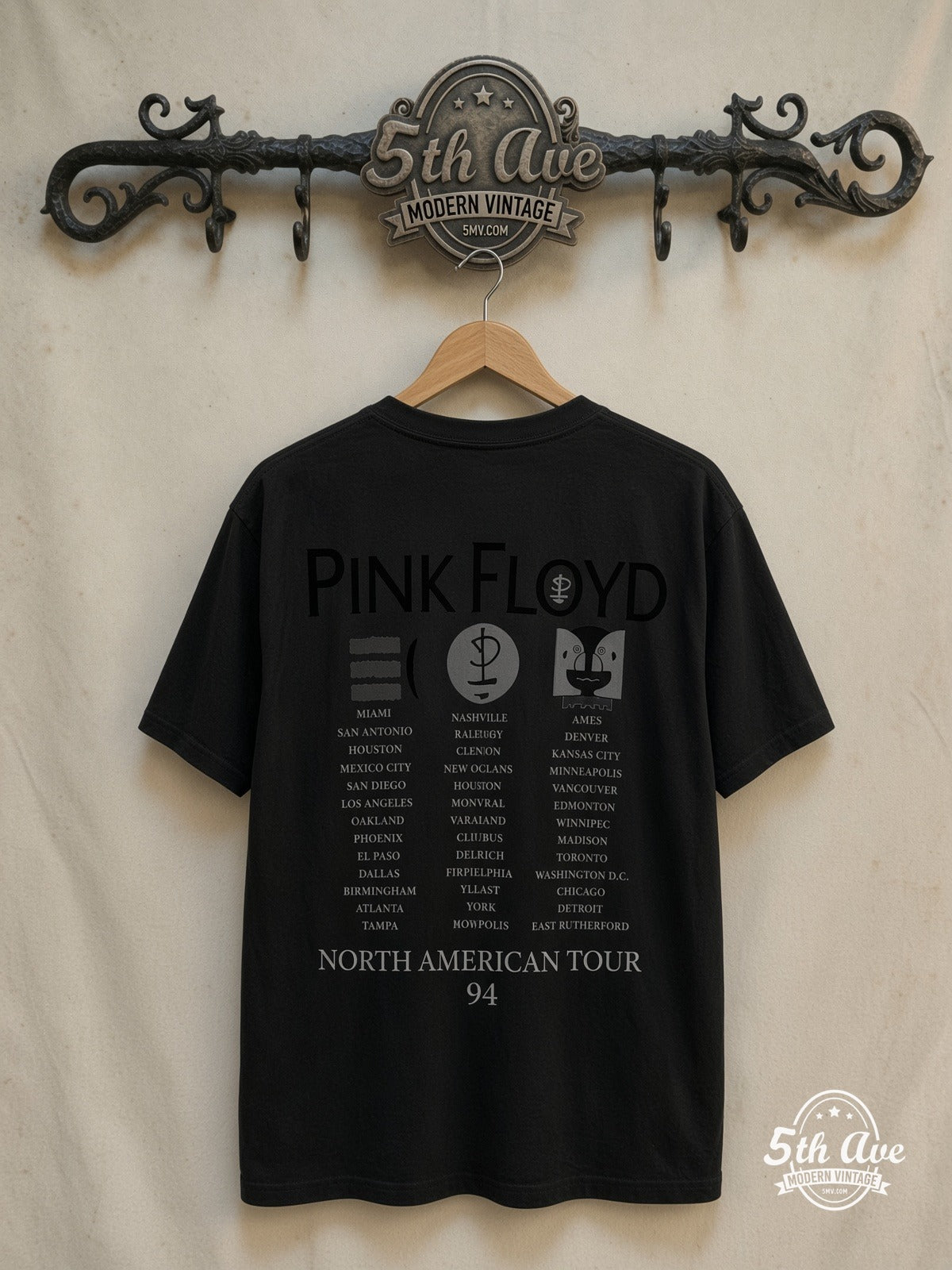 Pink Floyd – North American Tour – Vintage Band T-Shirt — back on locked cream ornate 5th Ave rack