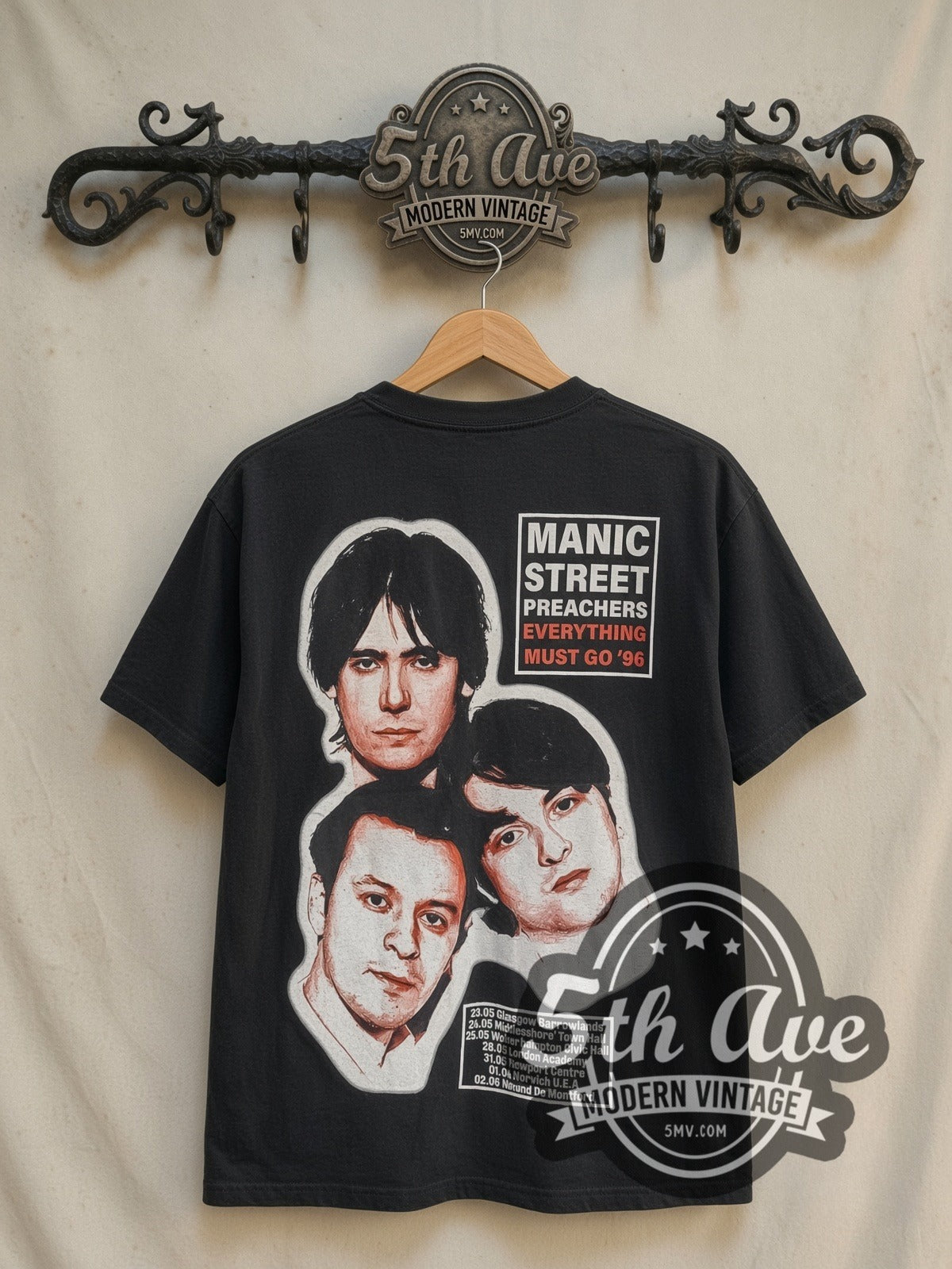 Manic Street Preachers A Design for Life '96 vintage band t-shirt in black, back view on a display rack