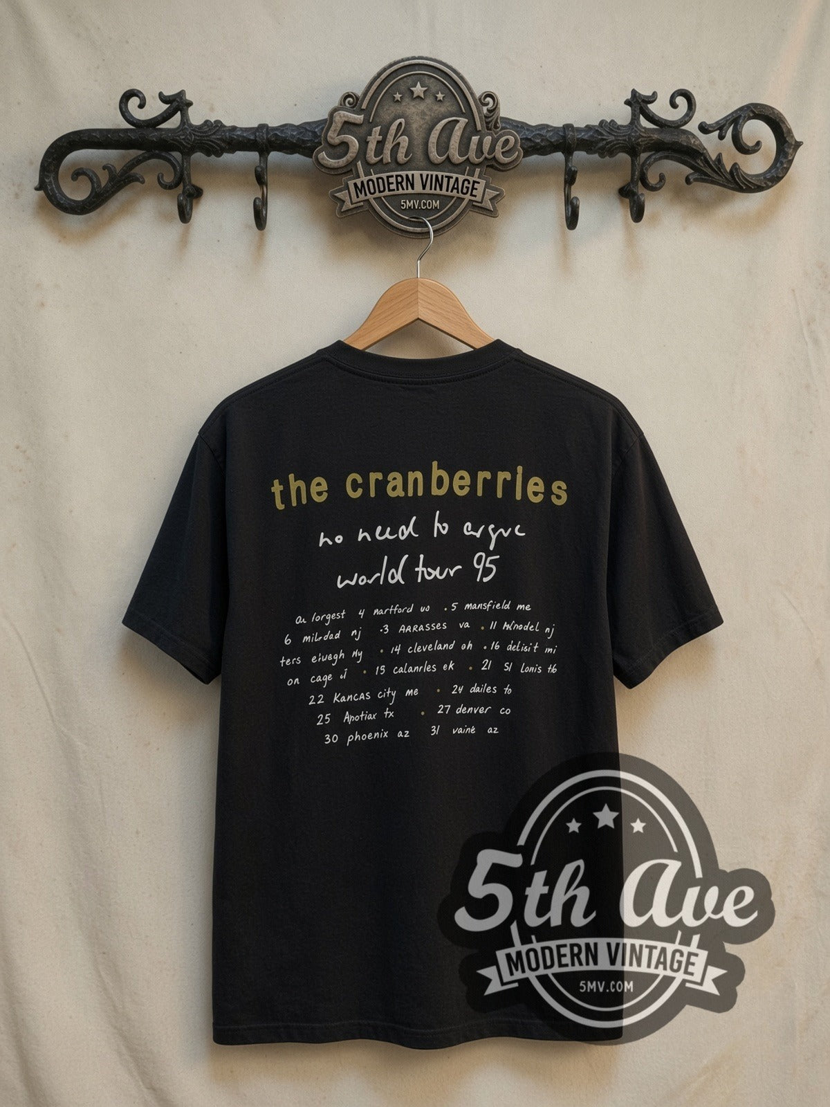 The Cranberries No Need to Argue World Tour 95 vintage band t-shirt, back view on a display rack