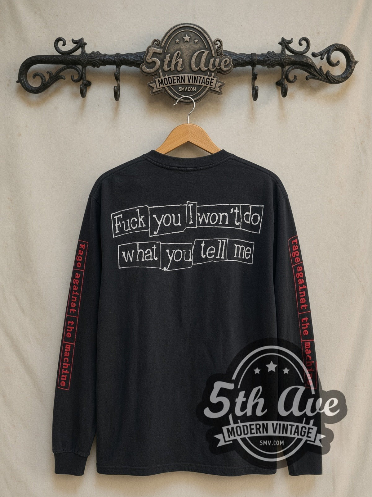 Rage Against the Machine Burning Monk I Won't Do What long sleeve vintage band t-shirt in black, back view on a display rack