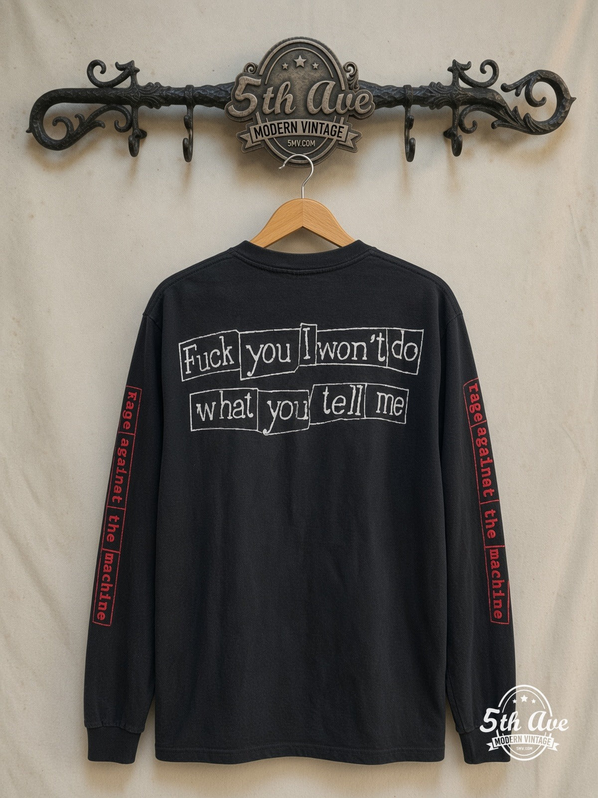 Rage Against the Machine – Burning Monk I Won't Do What You Tell Me – Long Sleeve Vintage Band T-Shirt — back on locked cream ornate 5th Ave rack