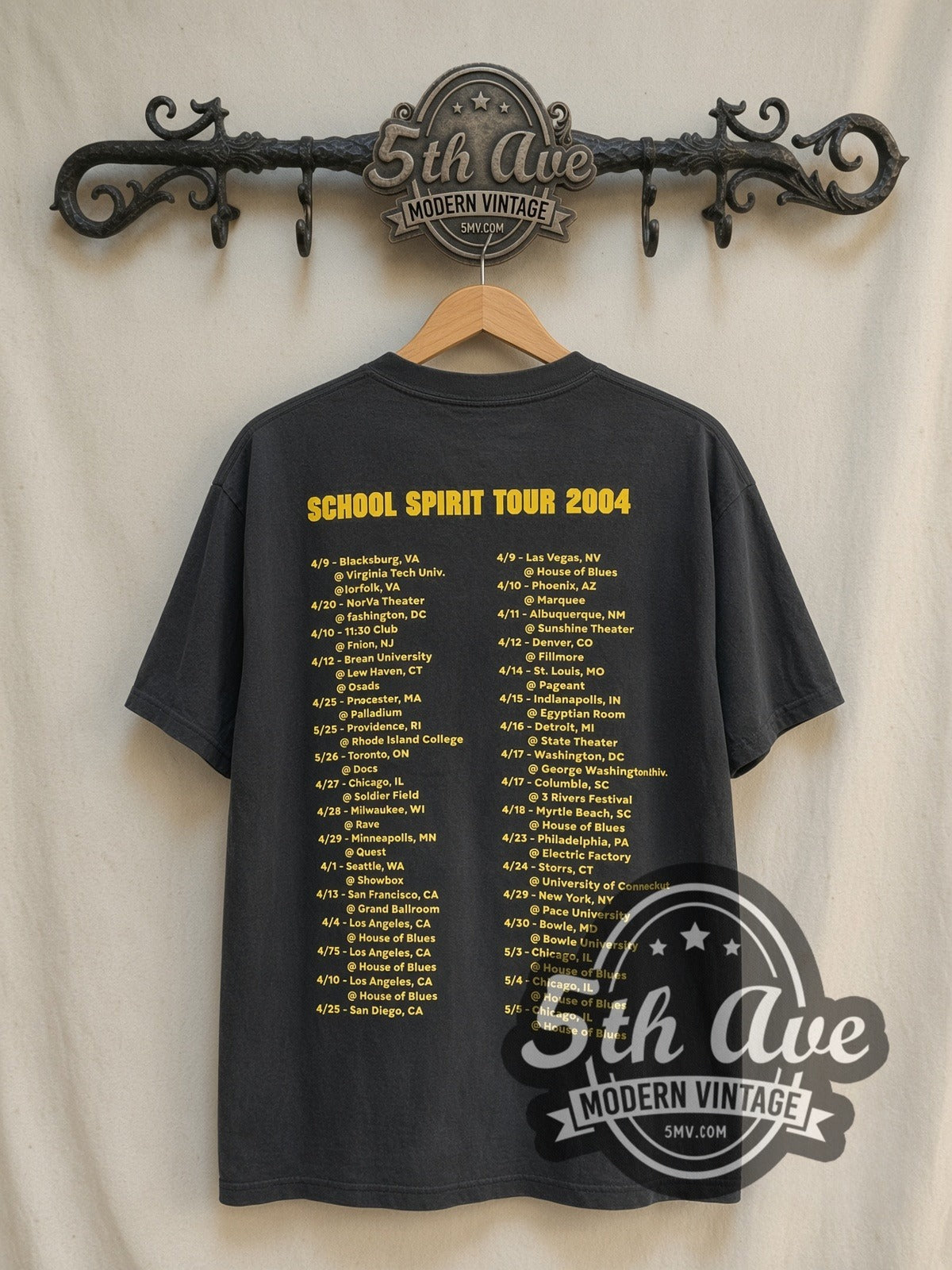 Kanye West School Spirit Tour 2004 vintage band t-shirt in black, back view on a display rack
