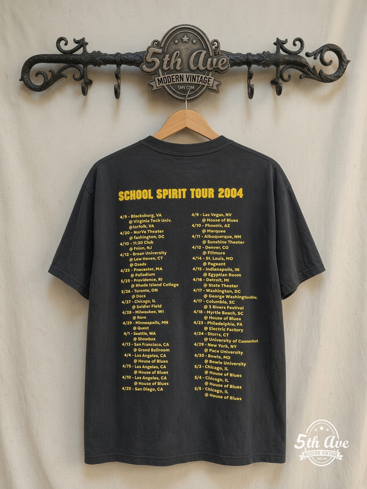 Kanye West – School Spirit Tour 2004 – Vintage Band T-Shirt — back on locked cream ornate 5th Ave rack