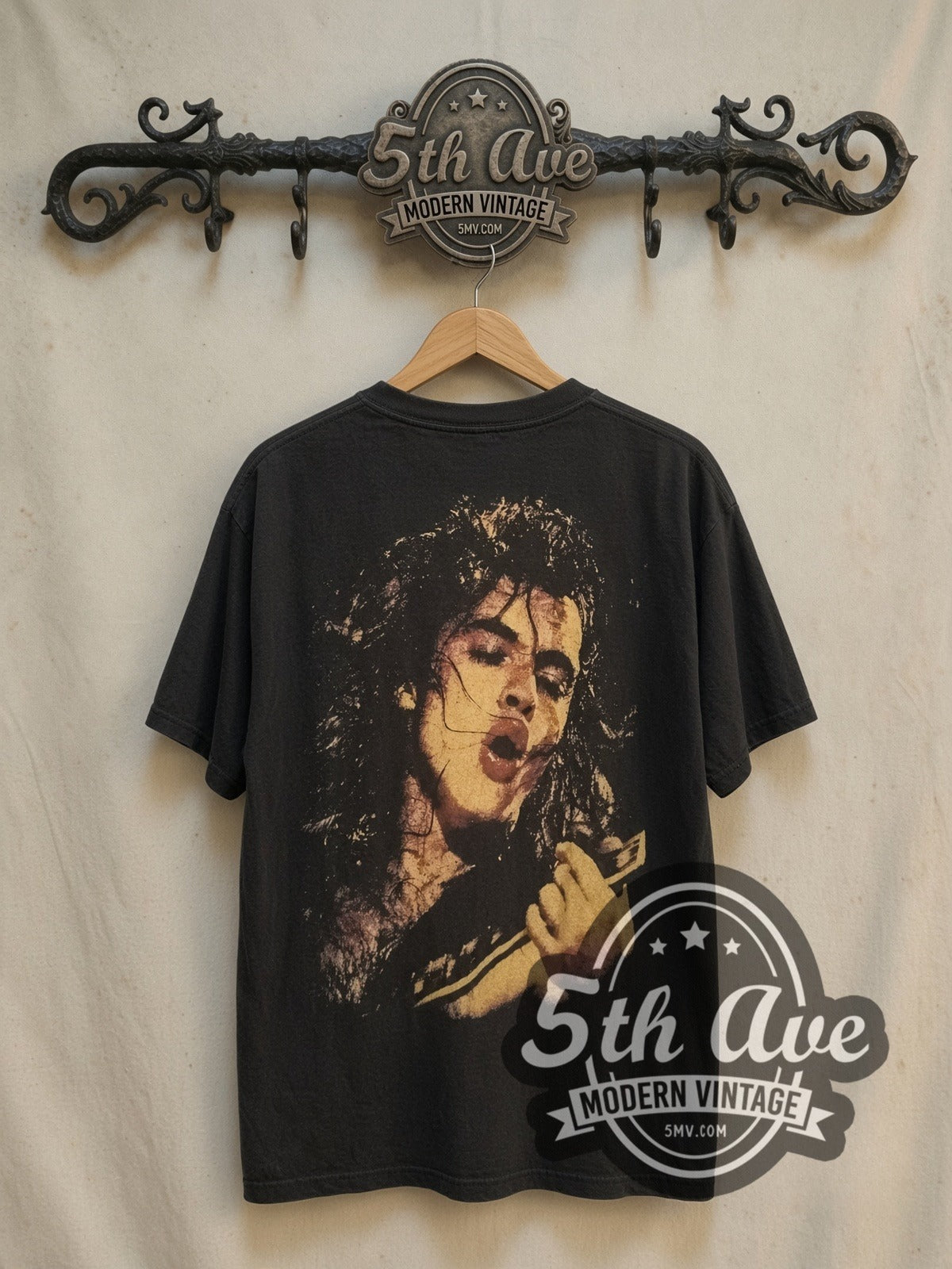 AC/DC Thunderstruck Live vintage band t-shirt, back view on a display rack