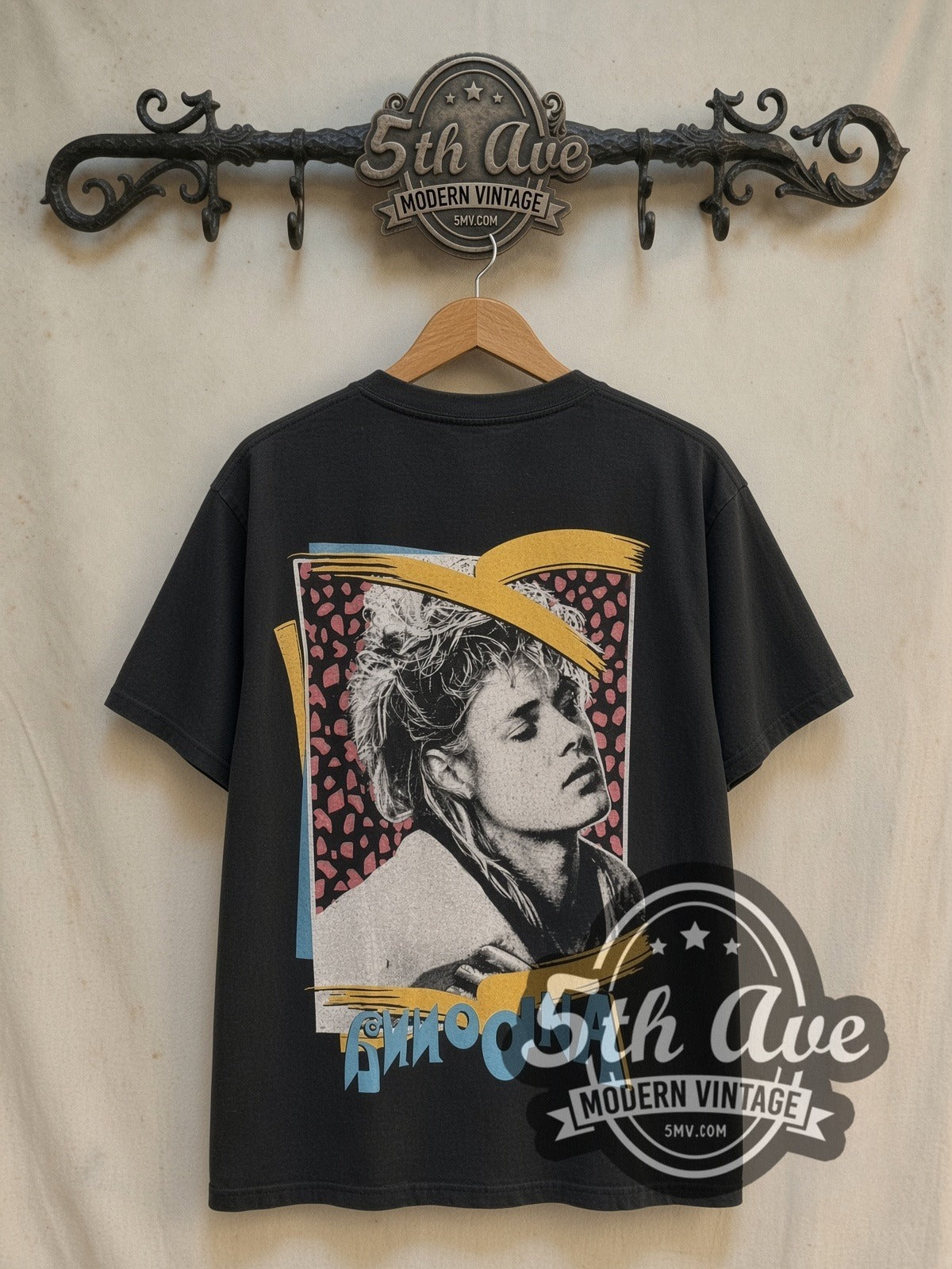 Madonna Leopard Frame Portrait vintage band t-shirt, back view on a display rack