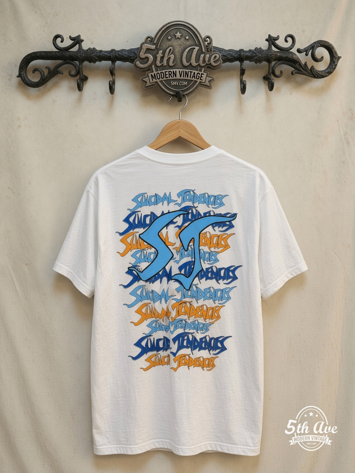 Suicidal Tendencies – Electric Chair White All Over Print – Vintage Band T-Shirt — back on locked cream ornate 5th Ave rack