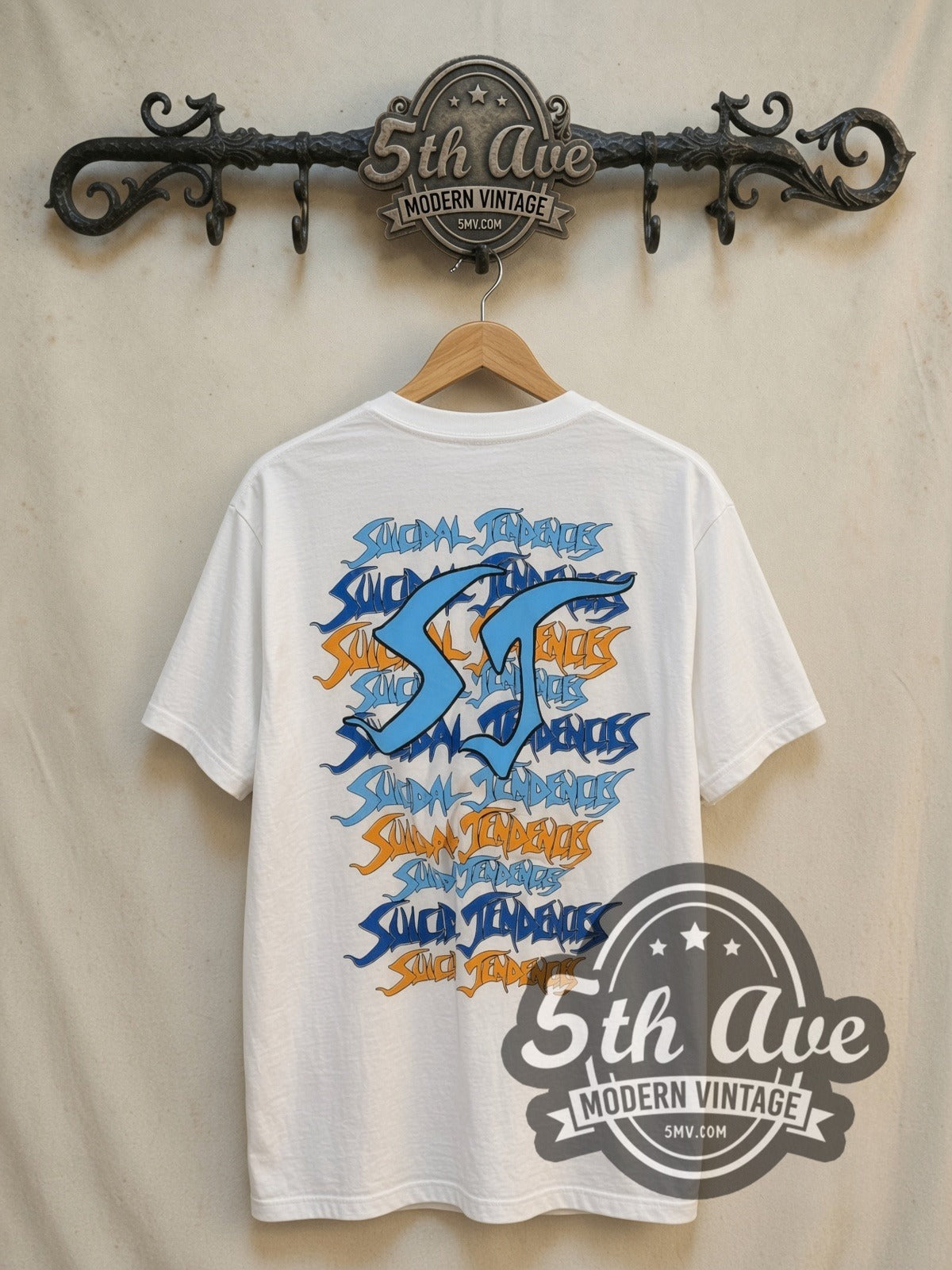 Suicidal Tendencies Electric Chair all-over-print vintage band t-shirt in white, back view on a display rack