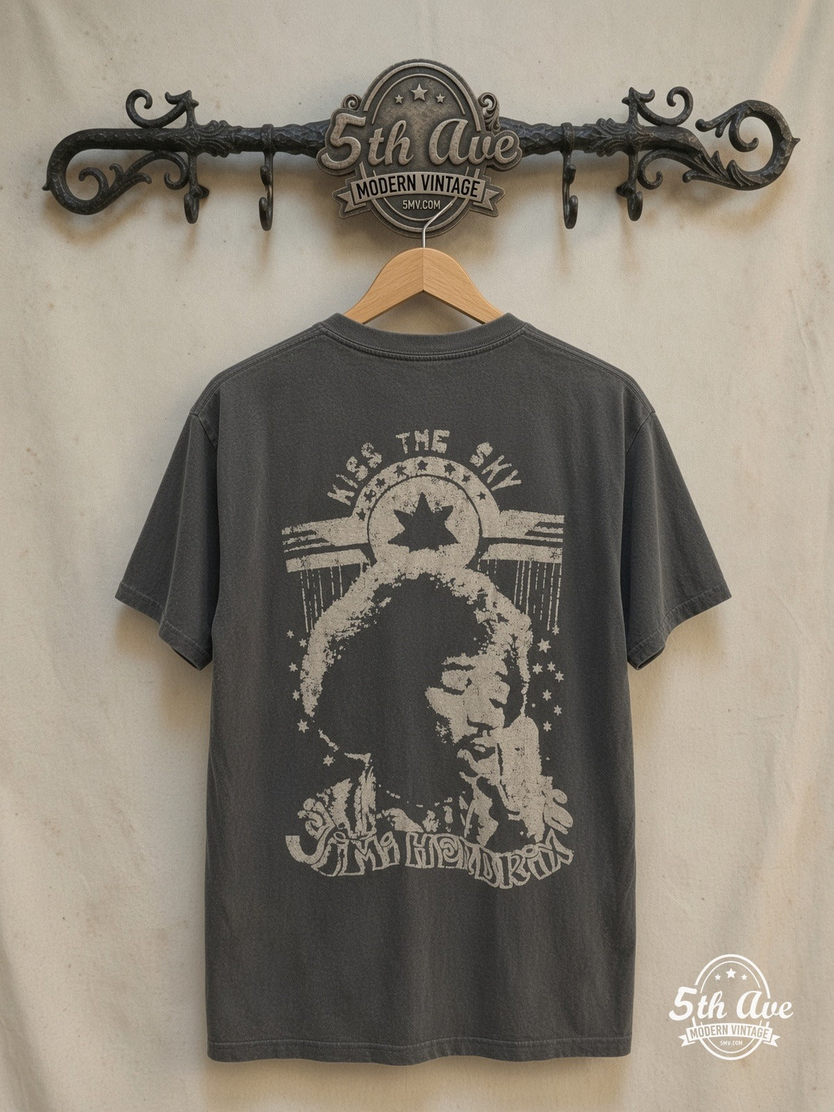 Jimi Hendrix – Hat Guitar Portrait Vertical Name – Vintage Band T-Shirt — back on locked cream ornate 5th Ave rack
