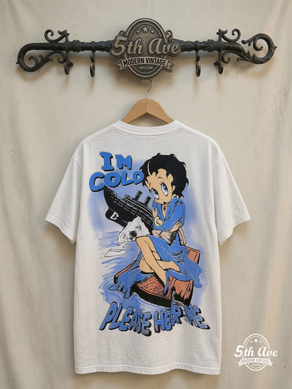 Betty Boop – Betty Boop, Popeye and Titanic – All Over Print – New Vintage Graphic Tee — back on locked cream ornate 5th Ave rack