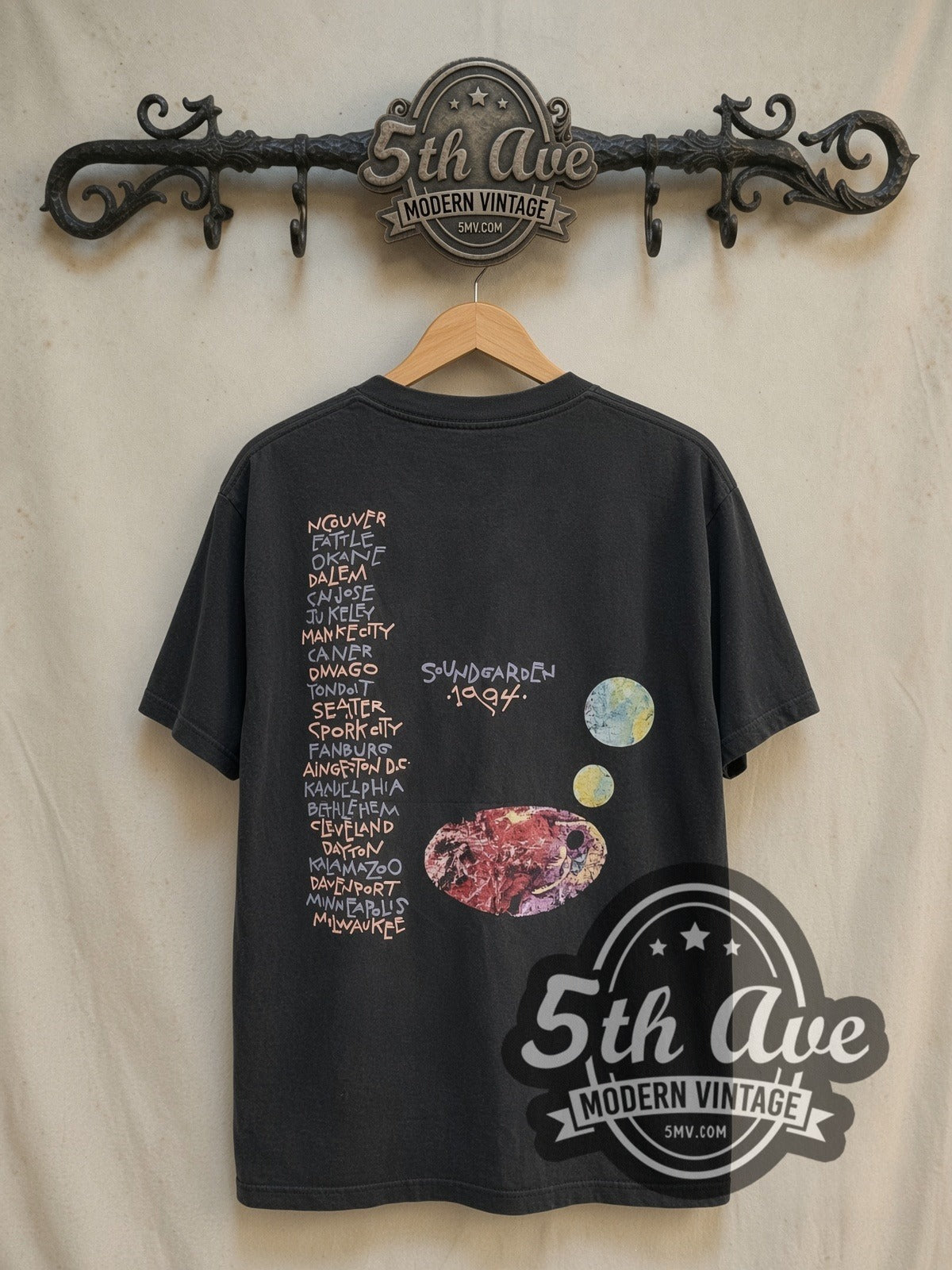 Soundgarden Superunknown Tour 1994 vintage band t-shirt in black, back view on a display rack