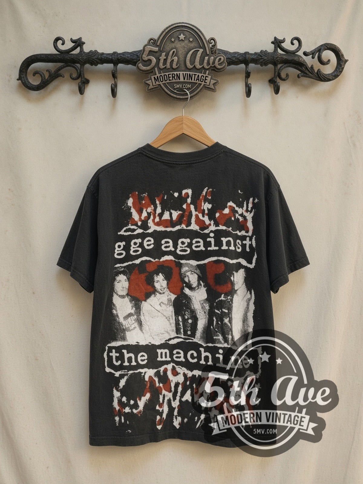 Rage Against the Machine Bombtrack all-over-print vintage band t-shirt in black, back view on the 5MV rack