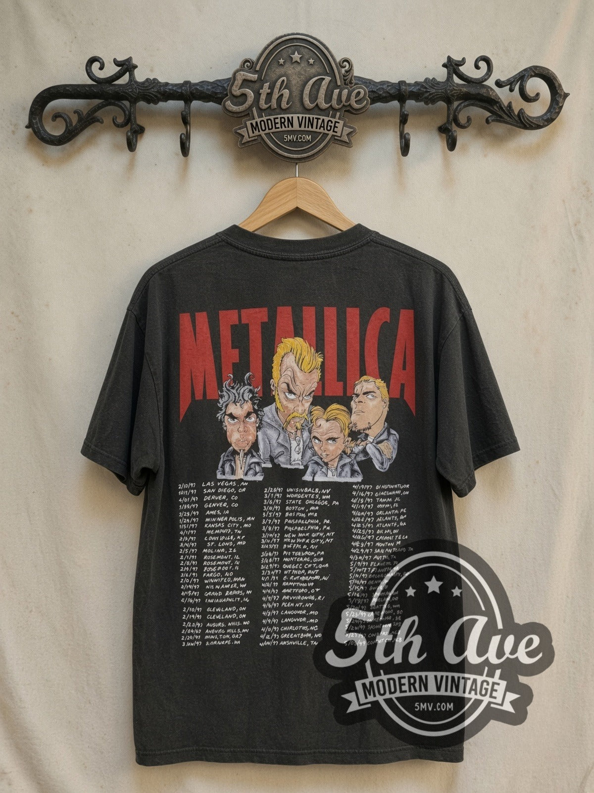 Metallica Cartoon Graphic vintage band t-shirt, back view on a display rack